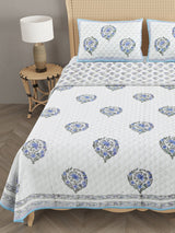Handblock Printed Quilted Reversible Cotton Bedcover with 2 Pillow Covers