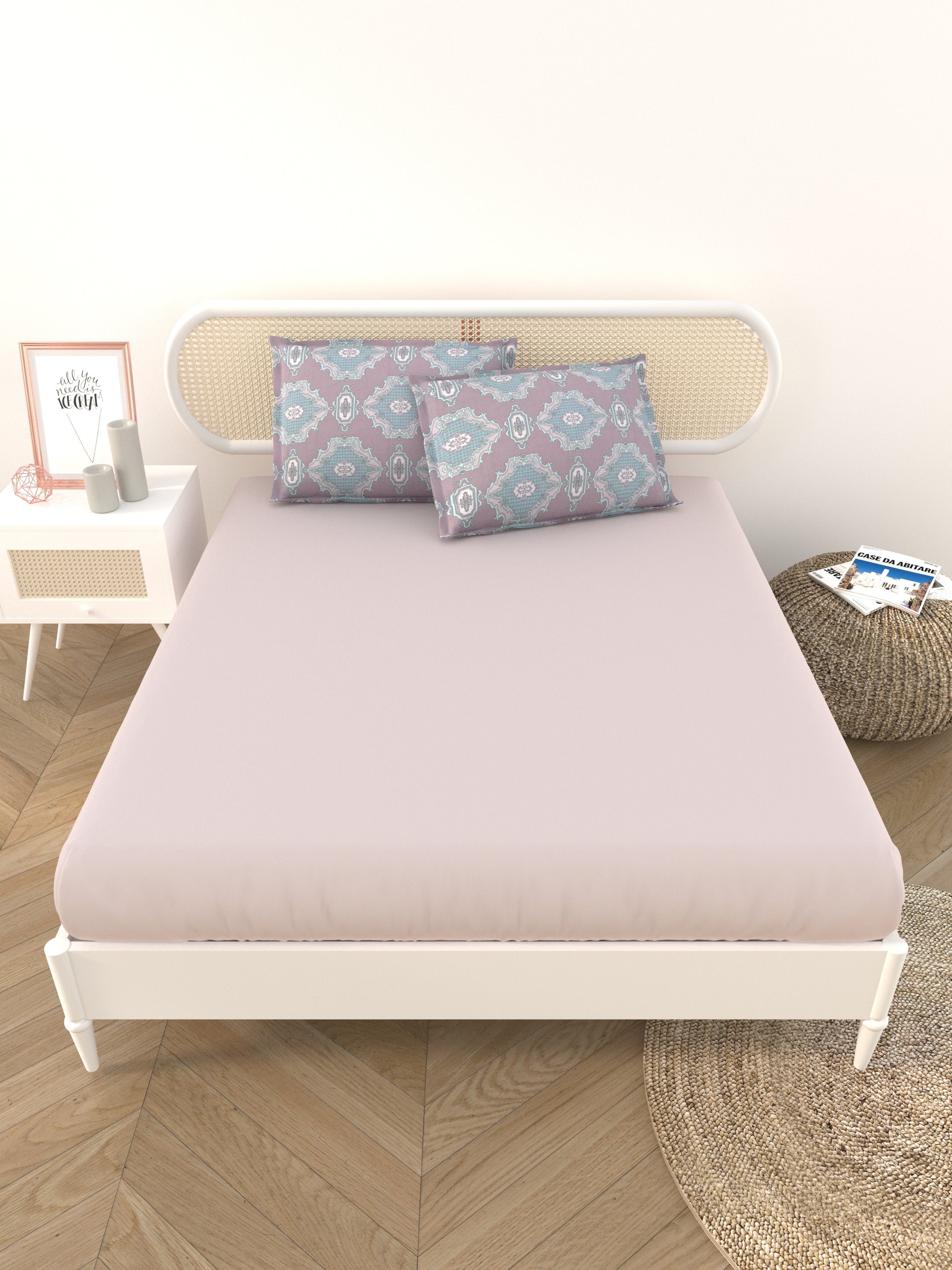 Premium Cotton Fitted Bedsheet (90x108 Inch) – Plain Design with 2 Printed Pillow Covers