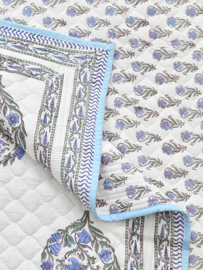 Handblock Printed Quilted Reversible Cotton Bedcover with 2 Pillow Covers