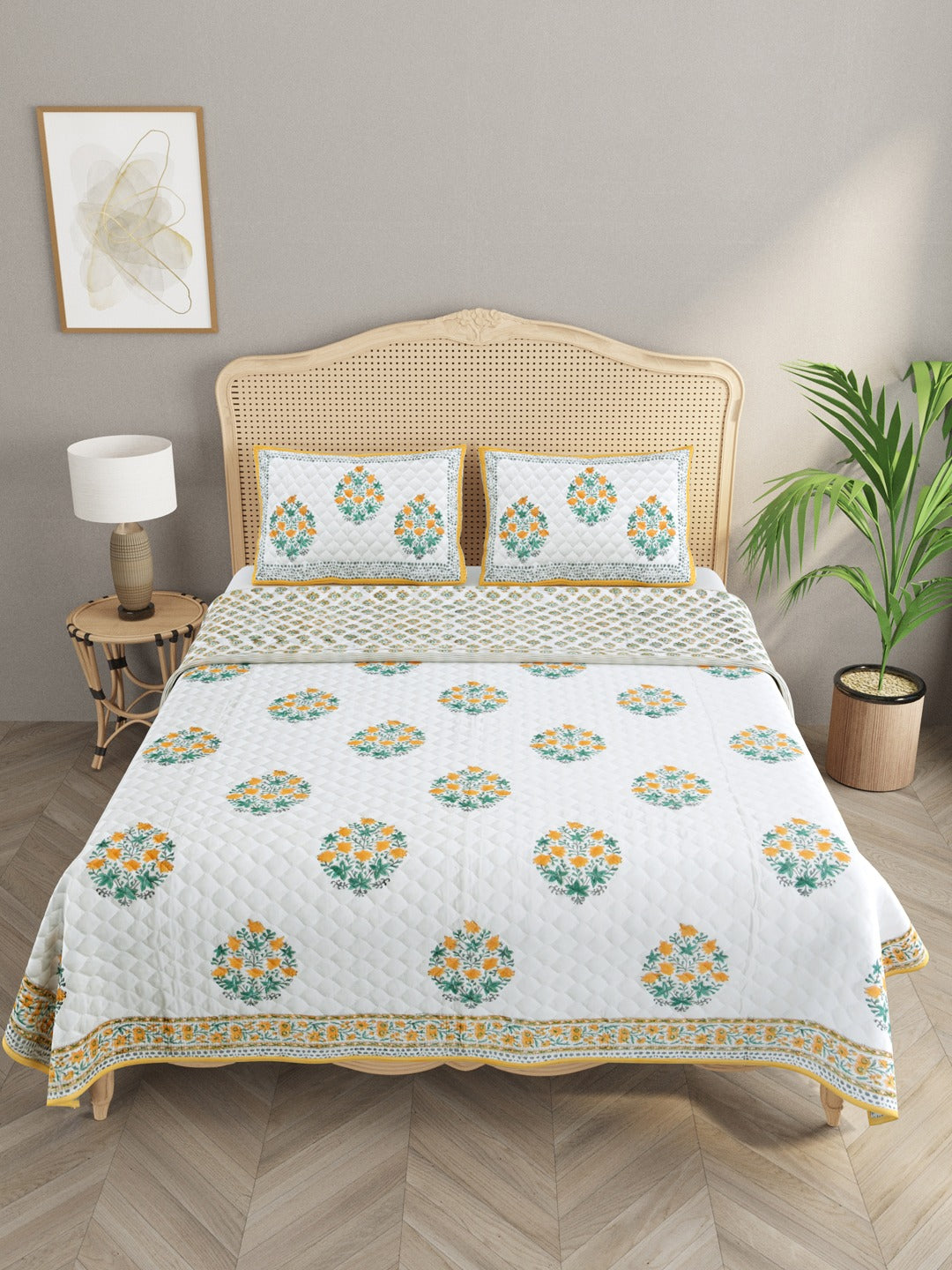 Handblock Printed Quilted Reversible Cotton Bedcover with 2 Pillow Covers