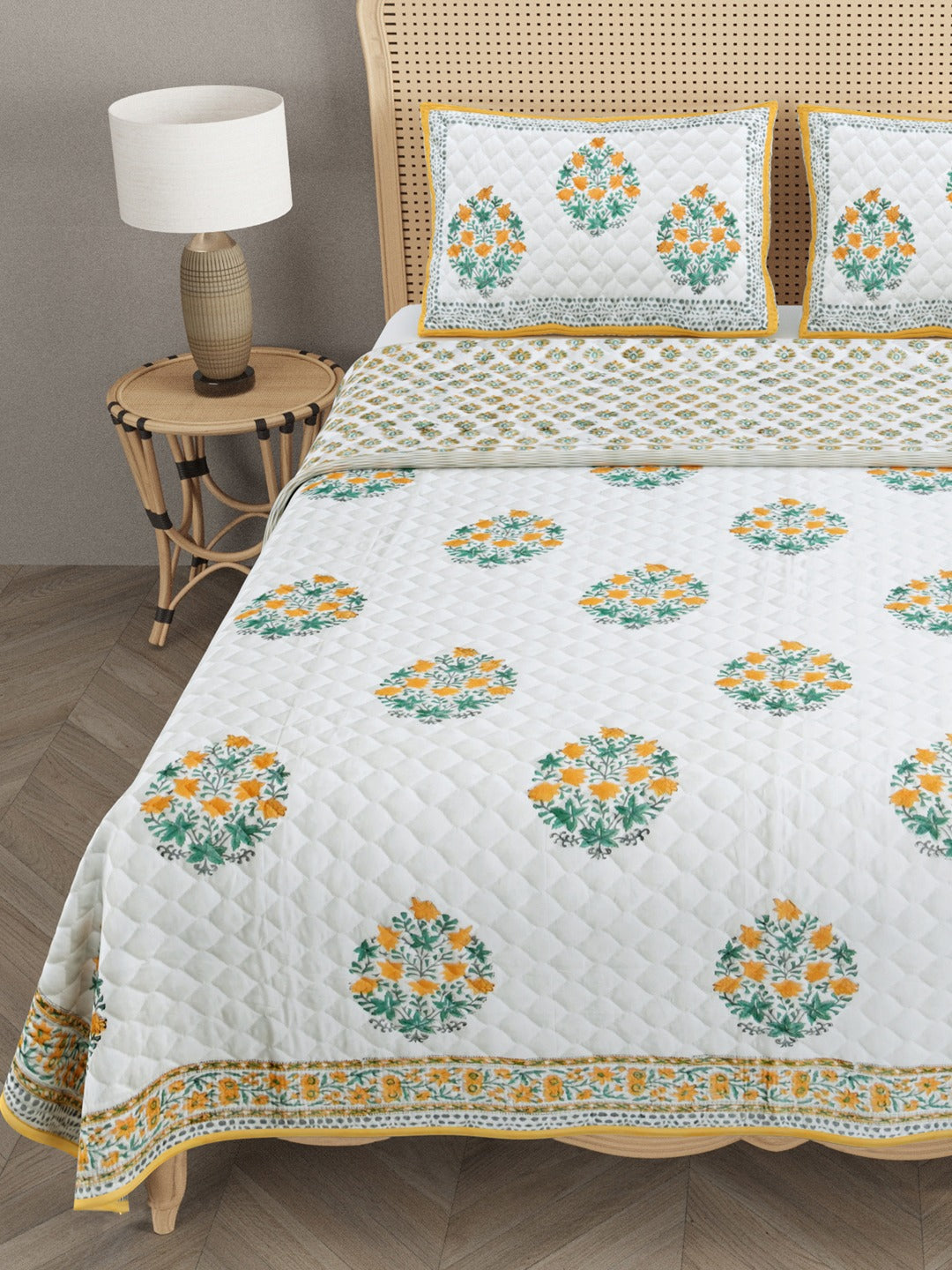 Handblock Printed Quilted Reversible Cotton Bedcover with 2 Pillow Covers