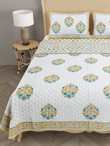 Handblock Printed Quilted Reversible Cotton Bedcover with 2 Pillow Covers