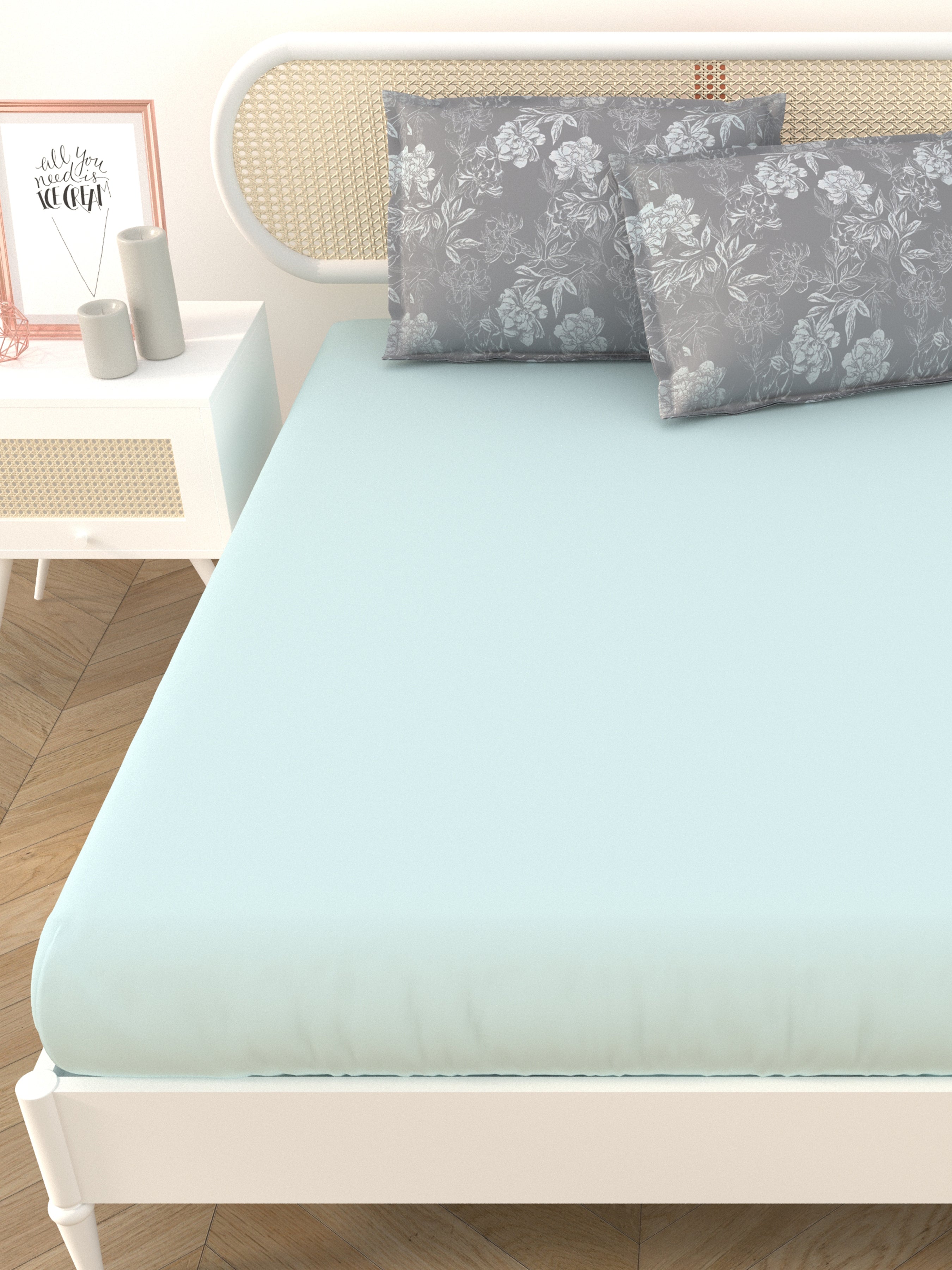 Premium Cotton Fitted Bedsheet (90x108 Inch) – Plain Design with 2 Printed Pillow Covers
