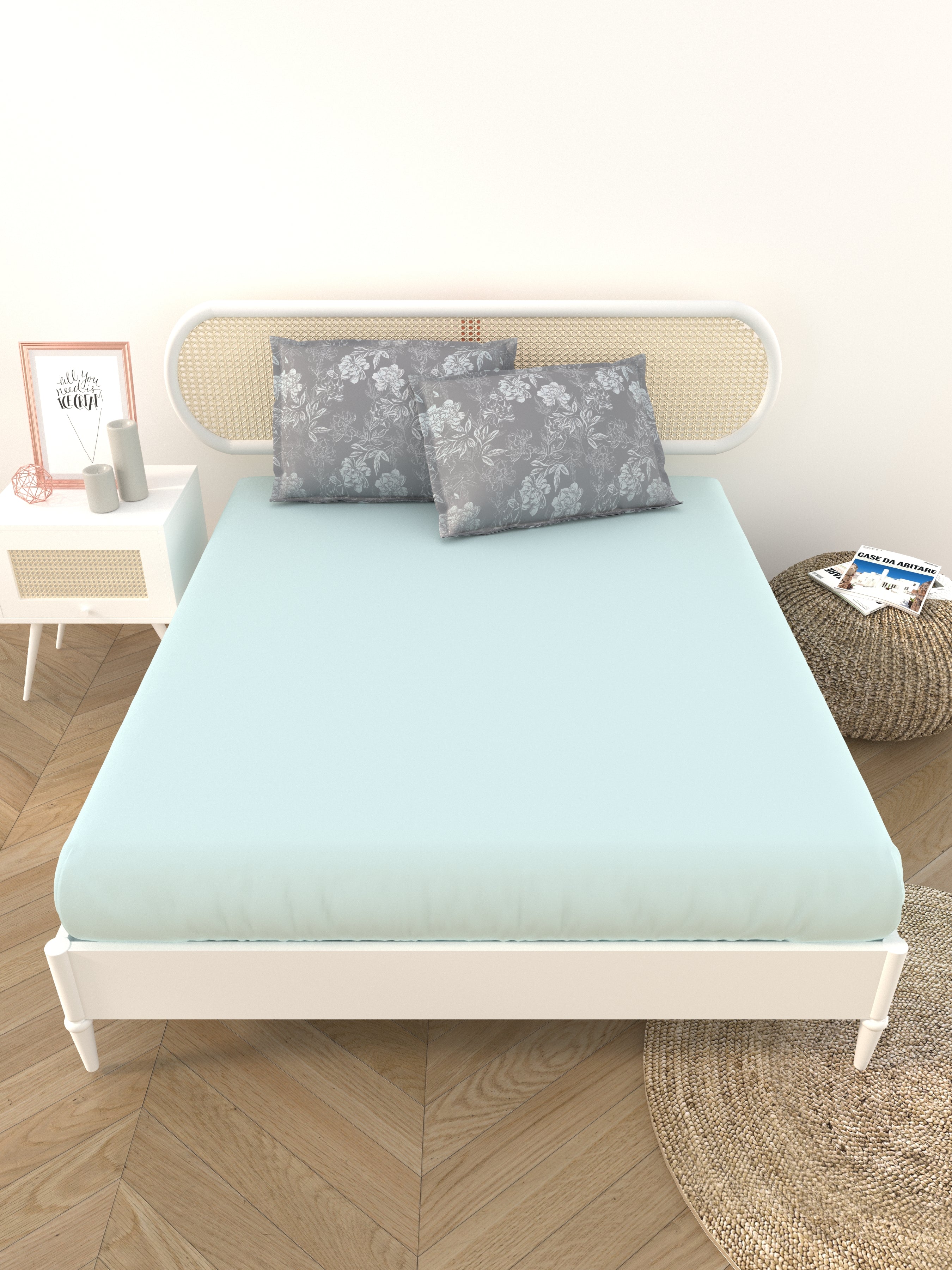 Premium Cotton Fitted Bedsheet (90x108 Inch) – Plain Design with 2 Printed Pillow Covers
