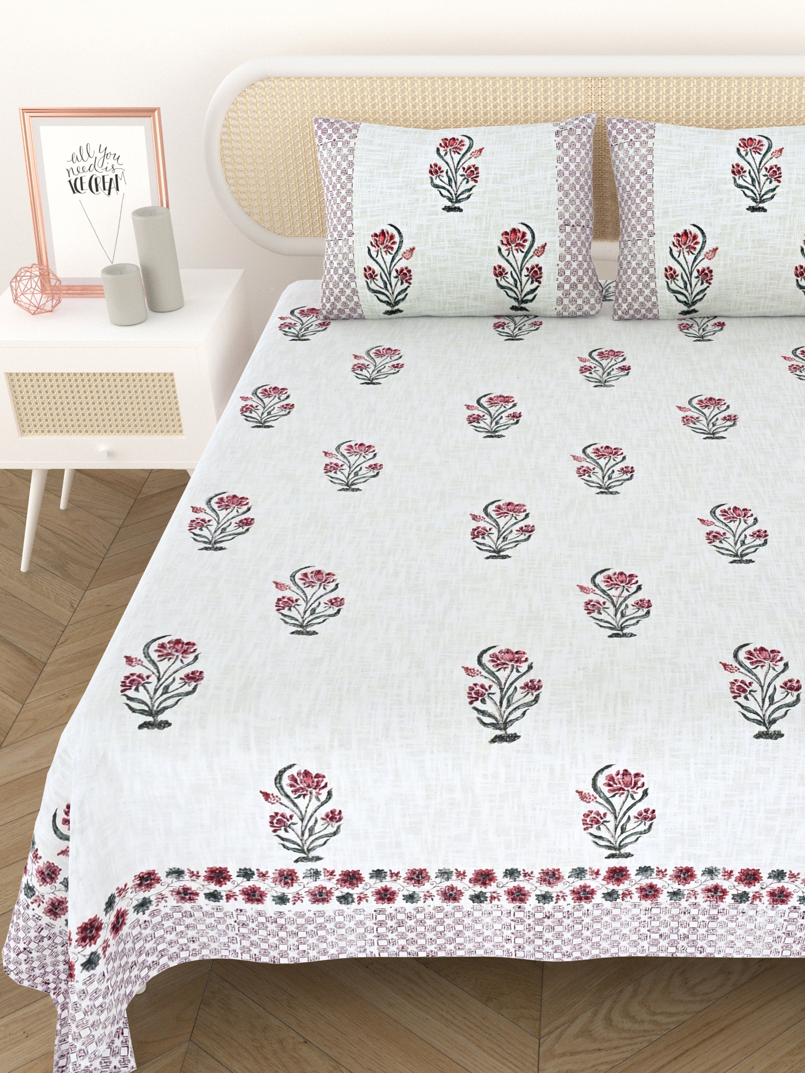 Handblock printed Jute Cotton Bedcover - Double King with 2 Pillow Covers