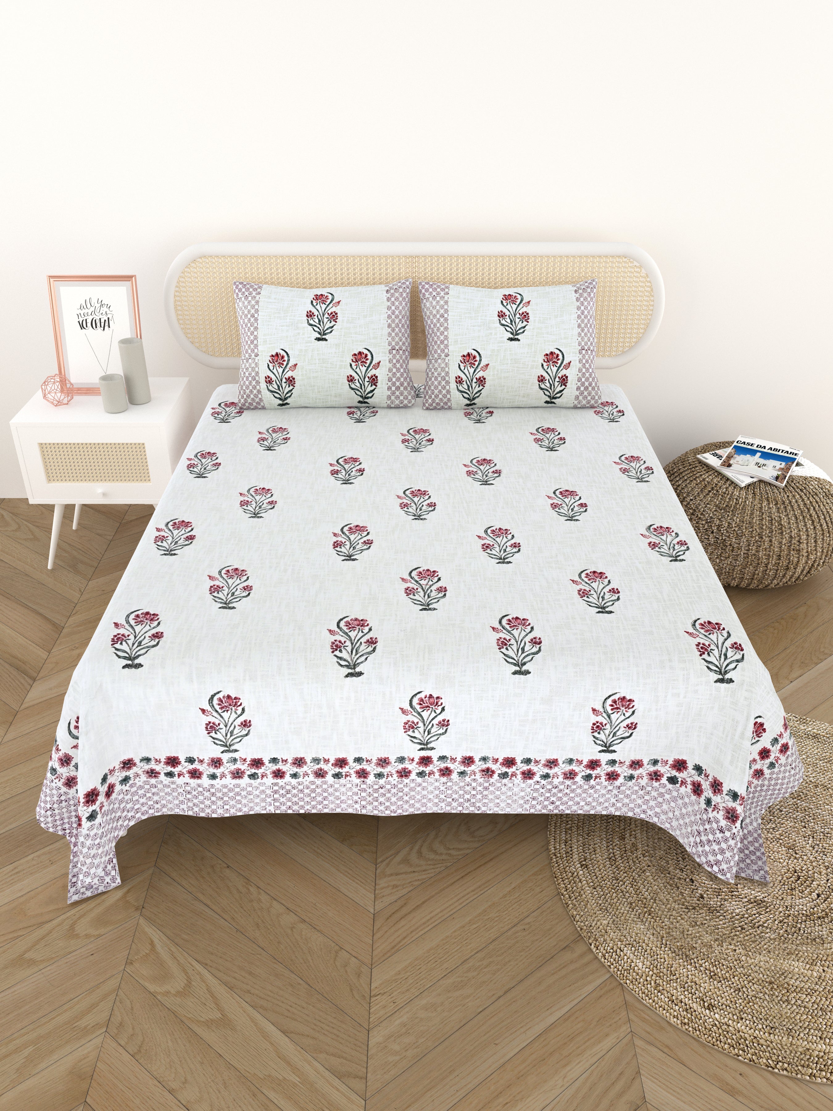 Handblock printed Jute Cotton Bedcover - Double King with 2 Pillow Covers
