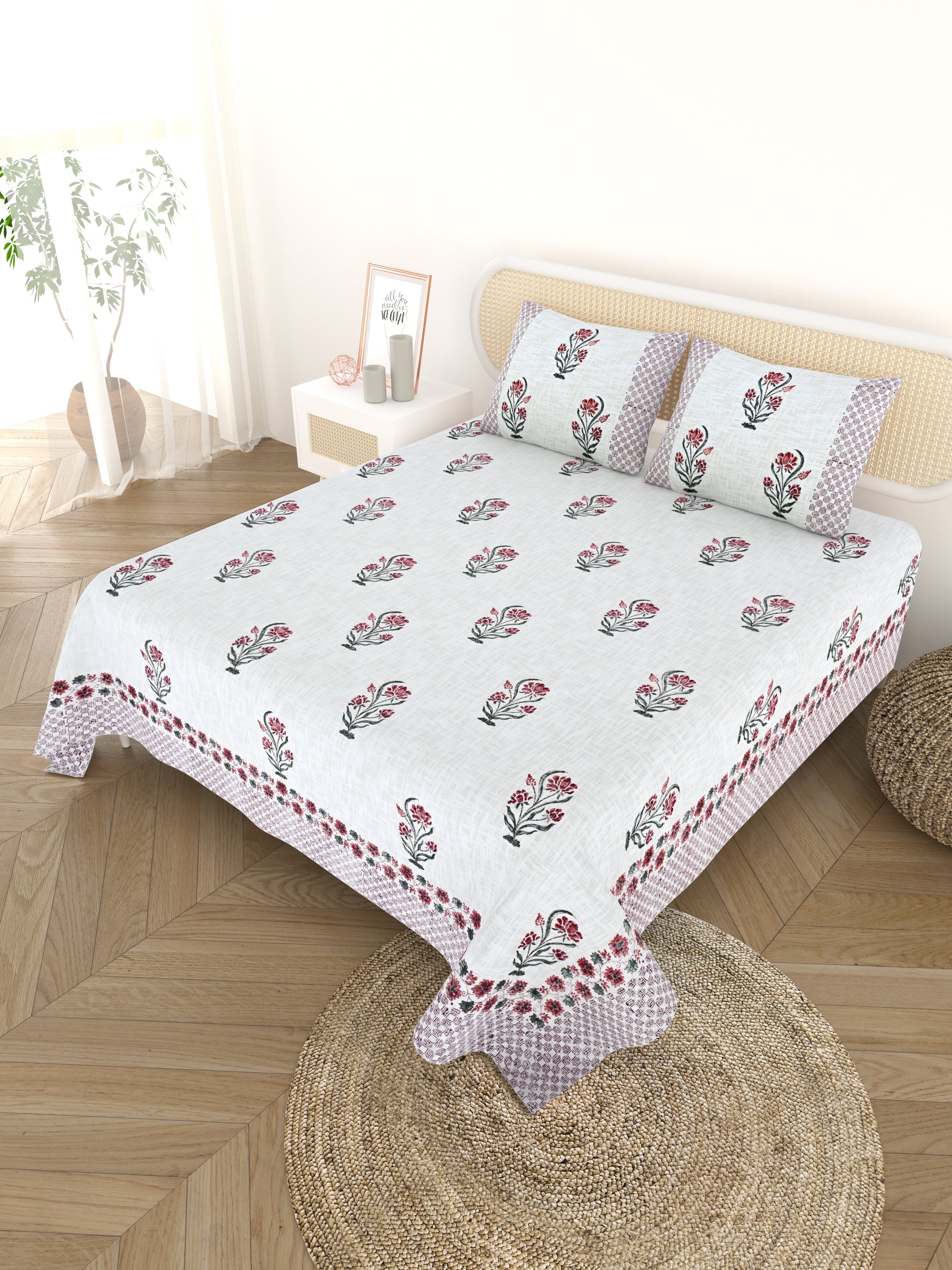Handblock printed Jute Cotton Bedcover - Double King with 2 Pillow Covers