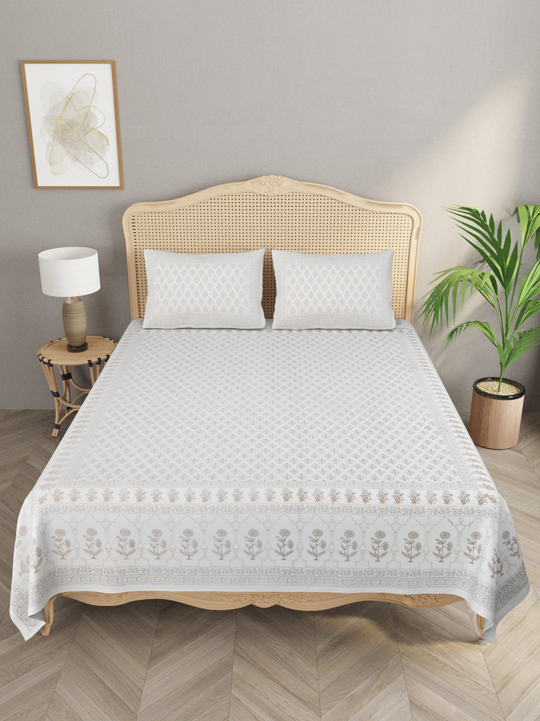 Double King Bedsheet with 2 Pillow Covers with Gold prints