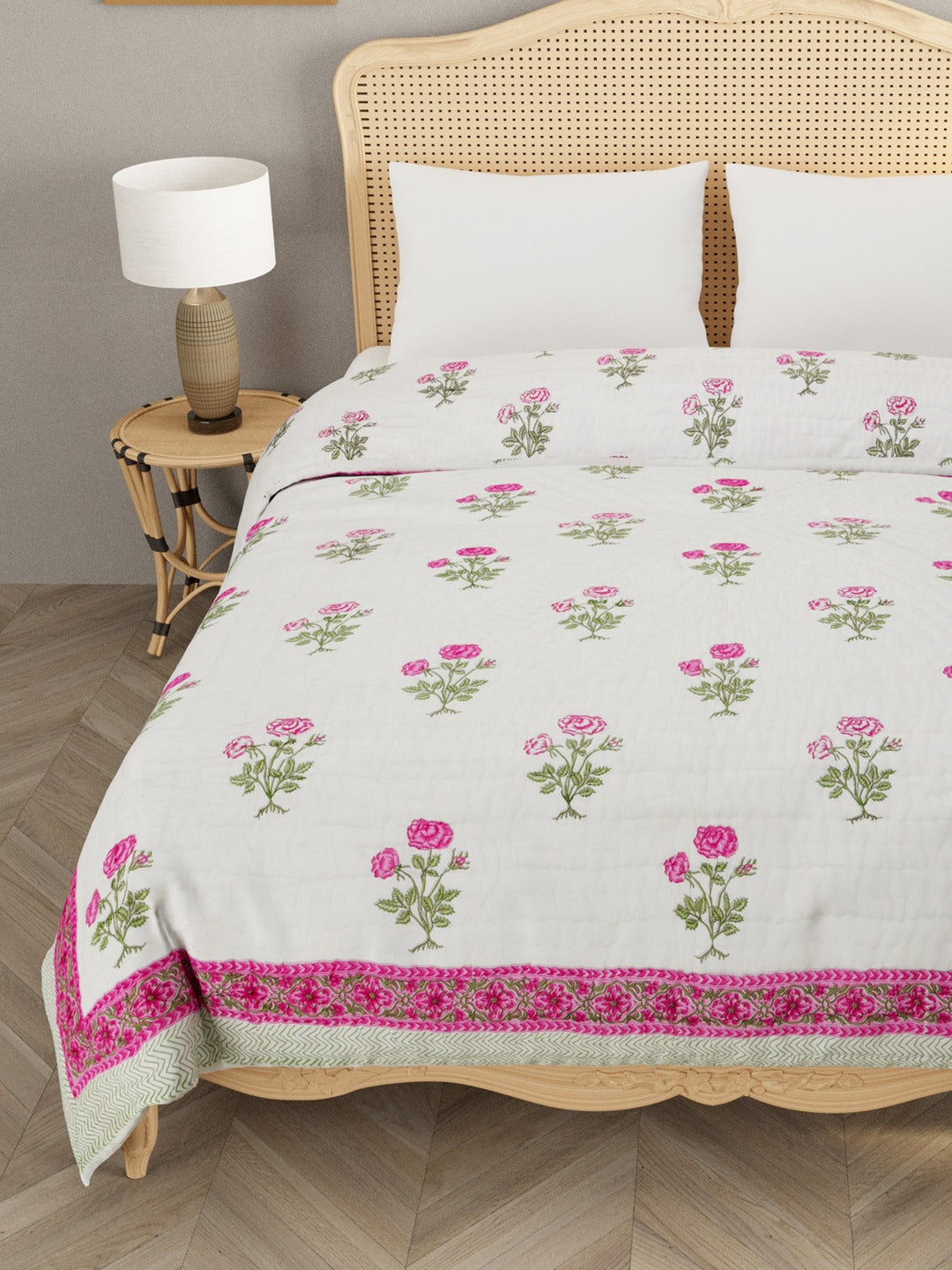 Handblock Printed Double Bed Quilt 380 GSM American Cotton Filling