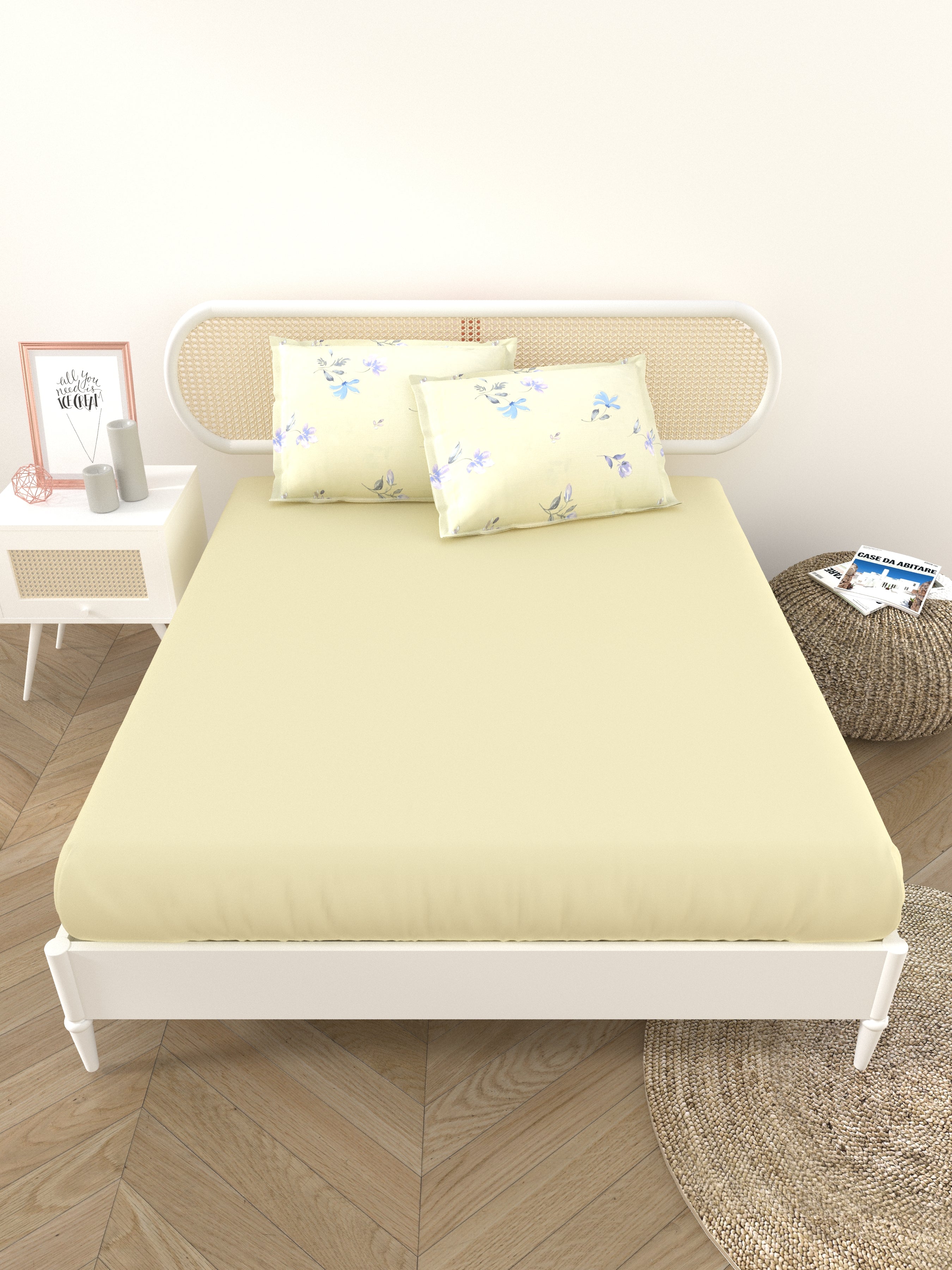Premium Cotton Fitted Bedsheet (90x108 Inch) – Plain Design with 2 Printed Pillow Covers