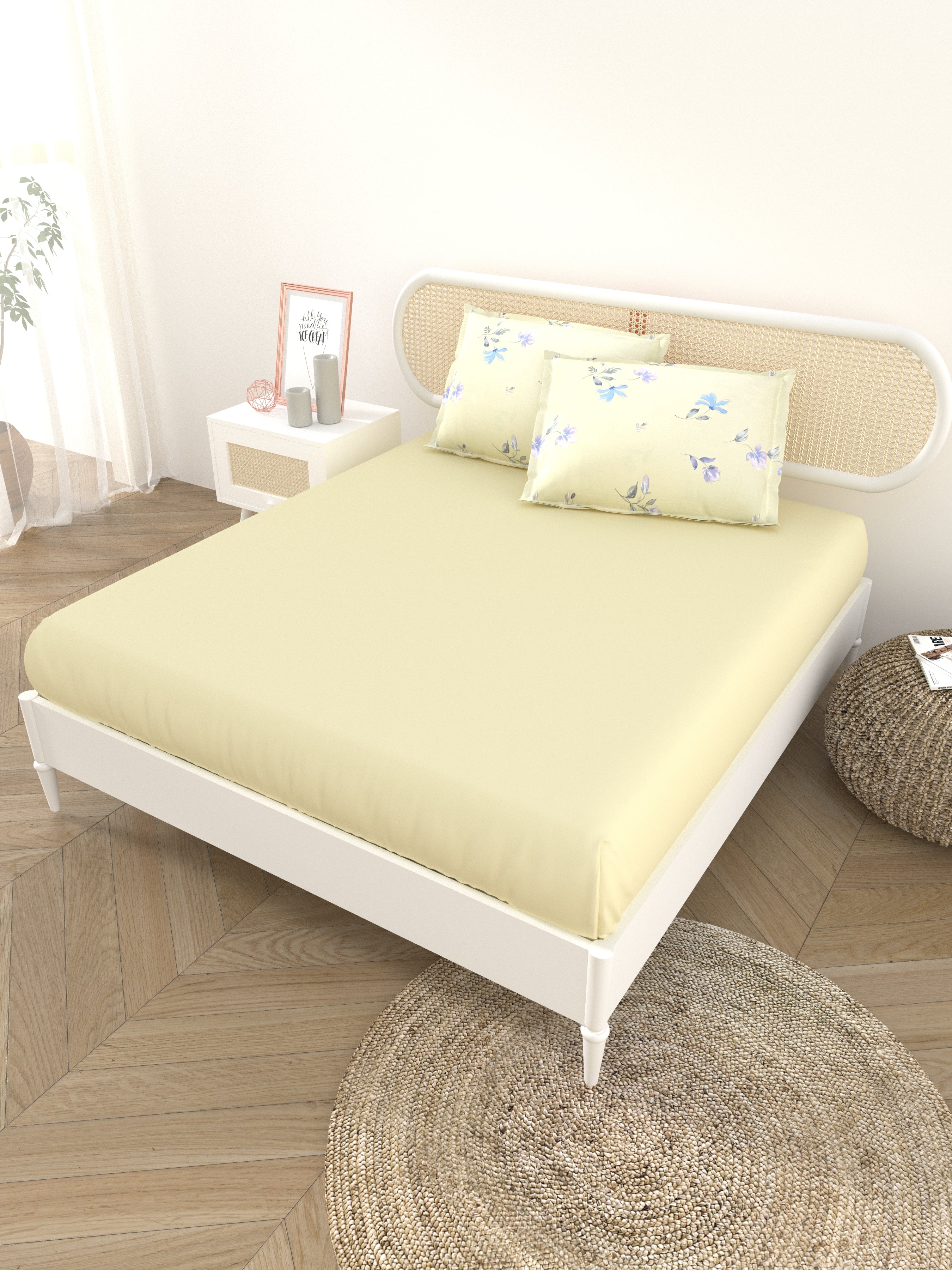 Premium Cotton Fitted Bedsheet (90x108 Inch) – Plain Design with 2 Printed Pillow Covers