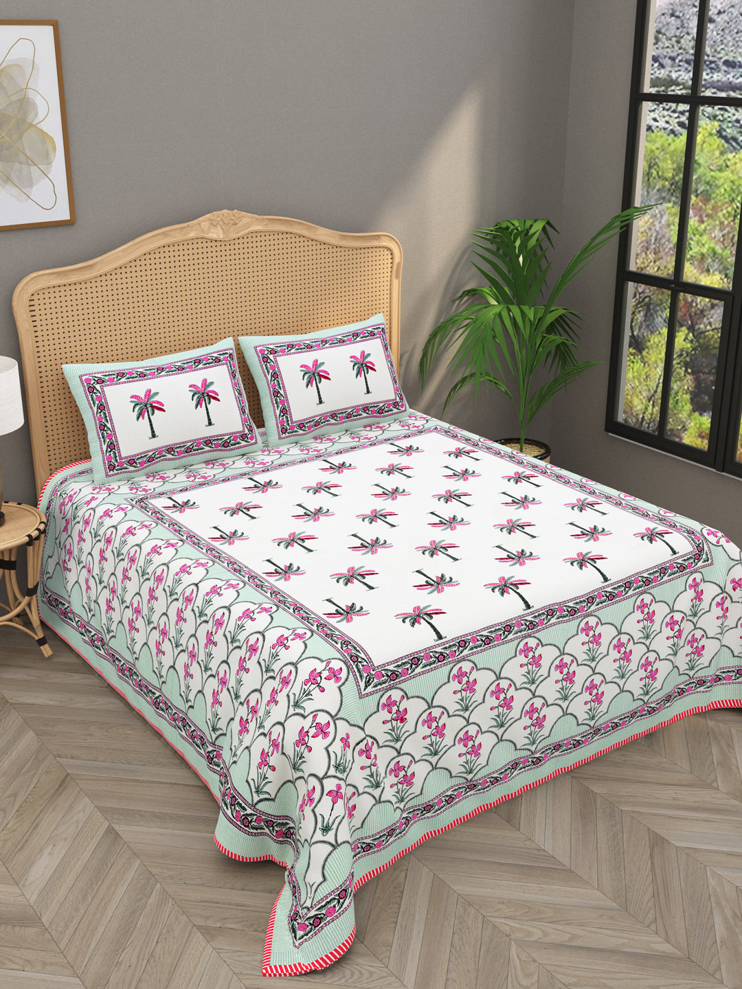 Quilted Floral Printed Reversible Bedcover with 2 Pillow Covers