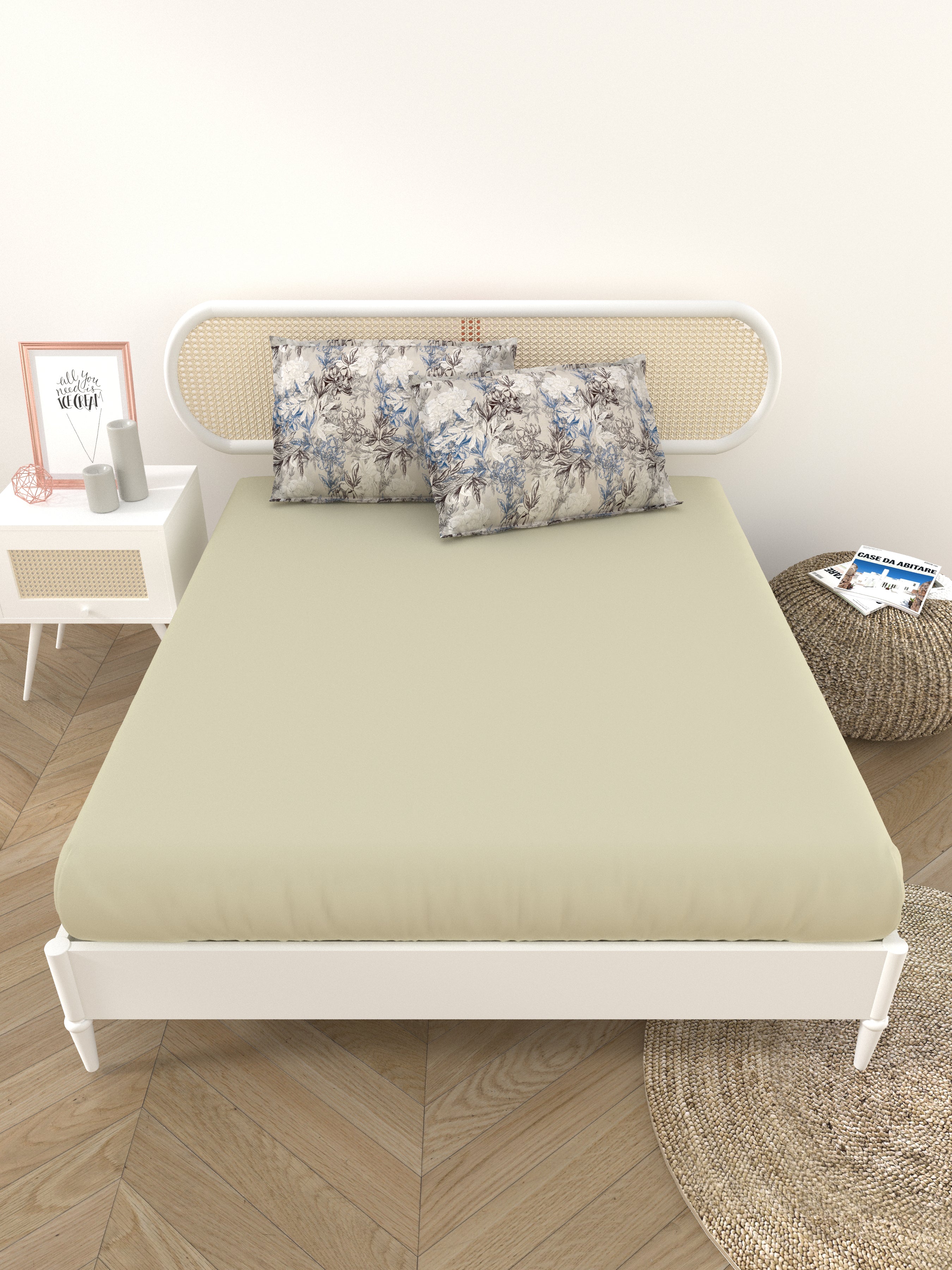 Premium Cotton Fitted Bedsheet (90x108 Inch) – Plain Design with 2 Printed Pillow Covers