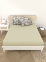 Premium Cotton Fitted Bedsheet (90x108 Inch) – Plain Design with 2 Printed Pillow Covers