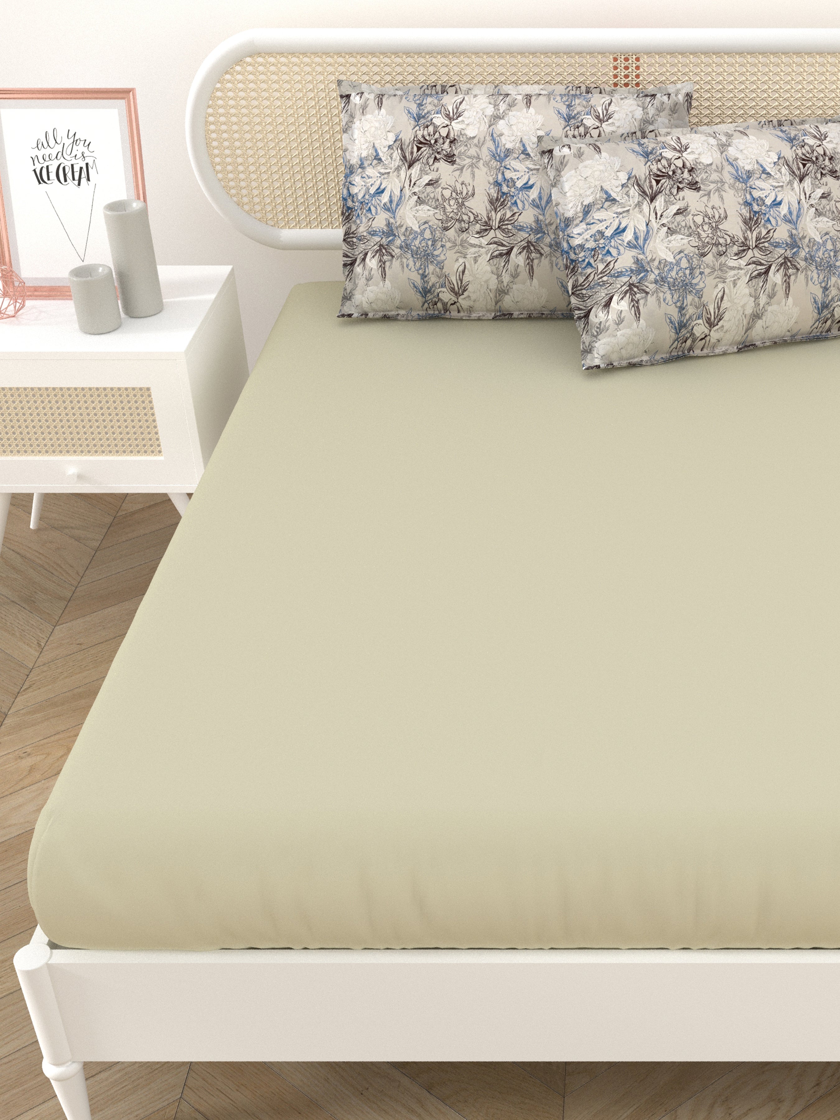 Premium Cotton Fitted Bedsheet (90x108 Inch) – Plain Design with 2 Printed Pillow Covers