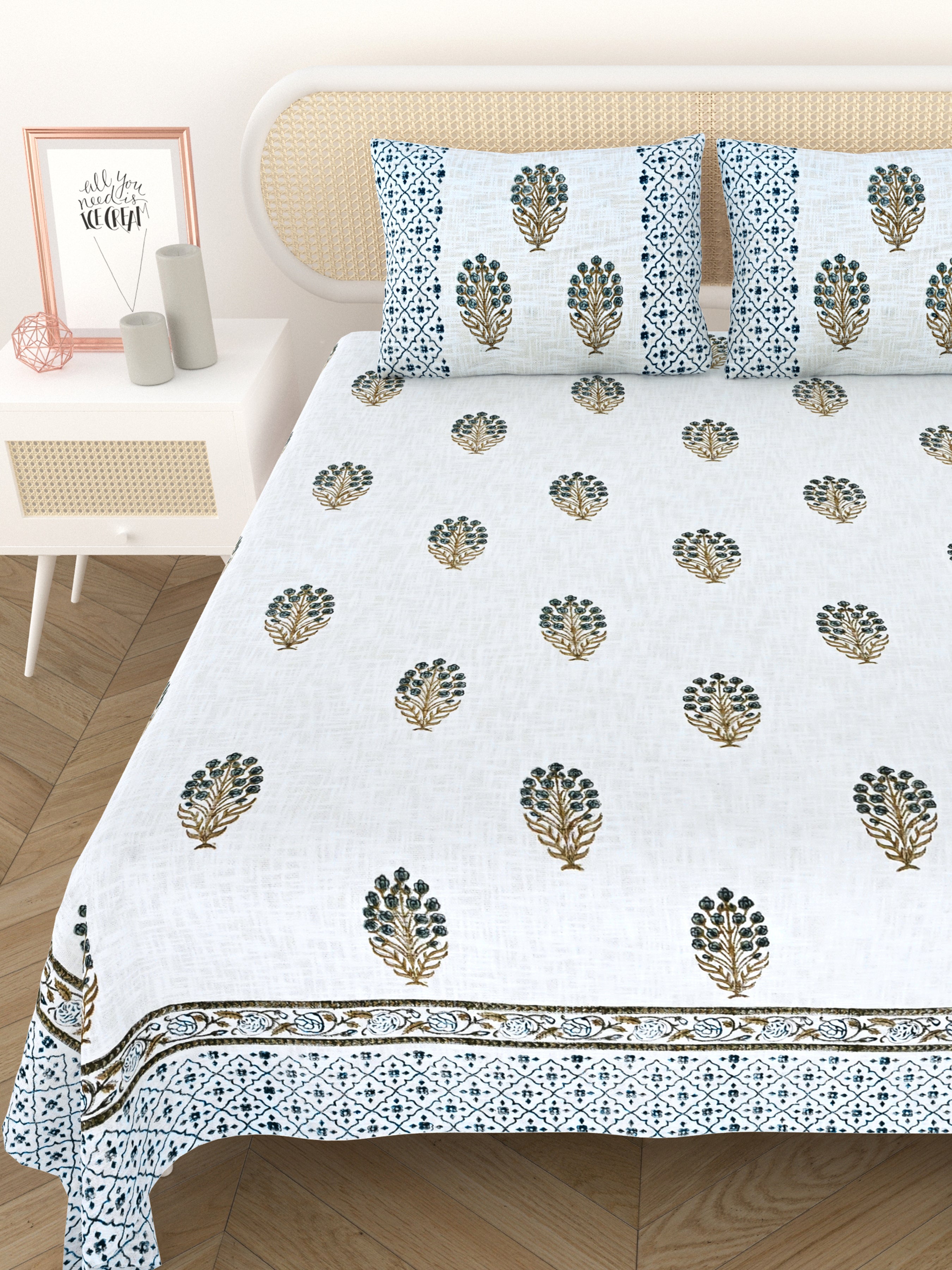 Handblock printed Jute Cotton Bedcover - Double King with 2 Pillow Covers