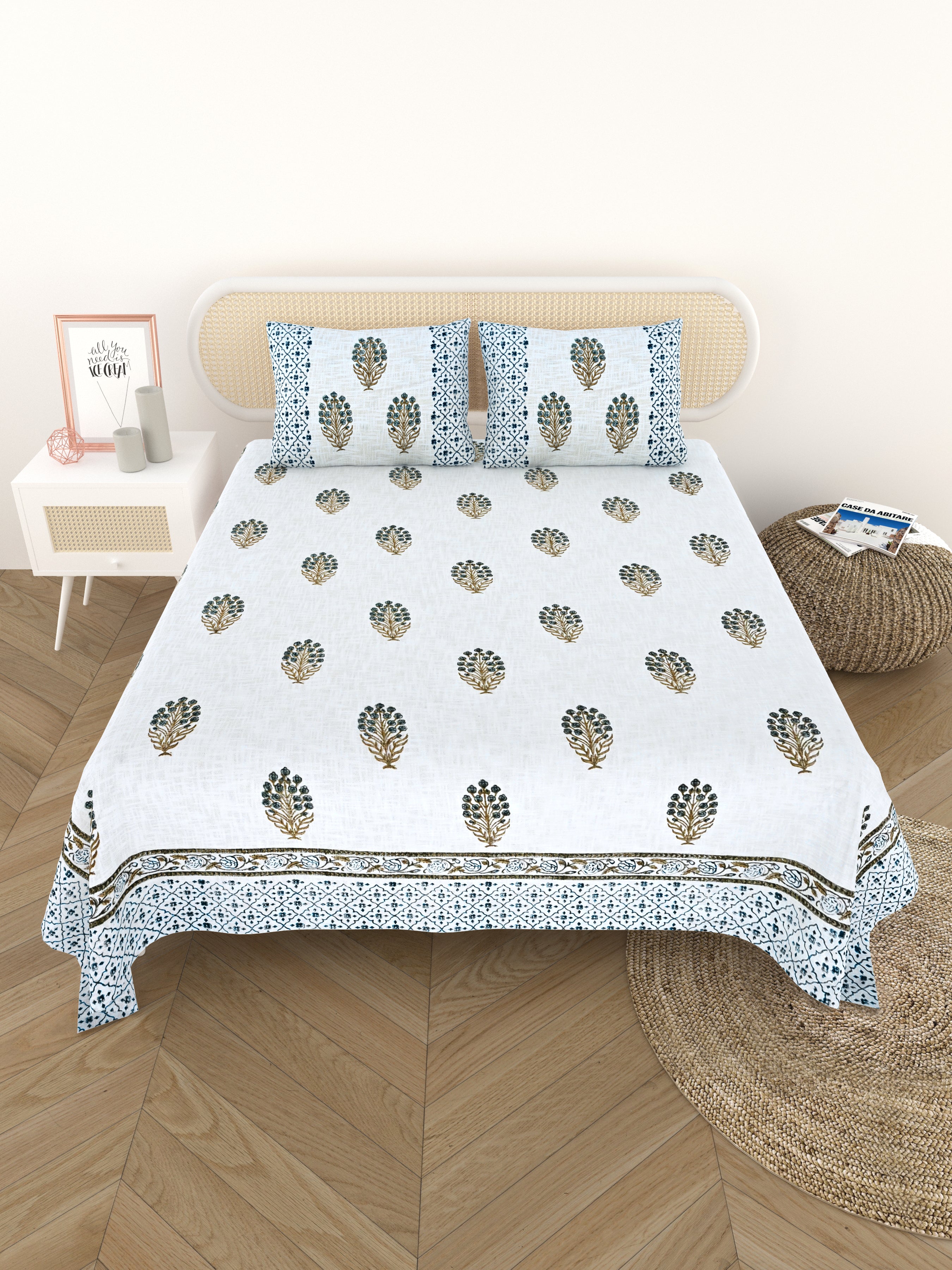 Handblock printed Jute Cotton Bedcover - Double King with 2 Pillow Covers