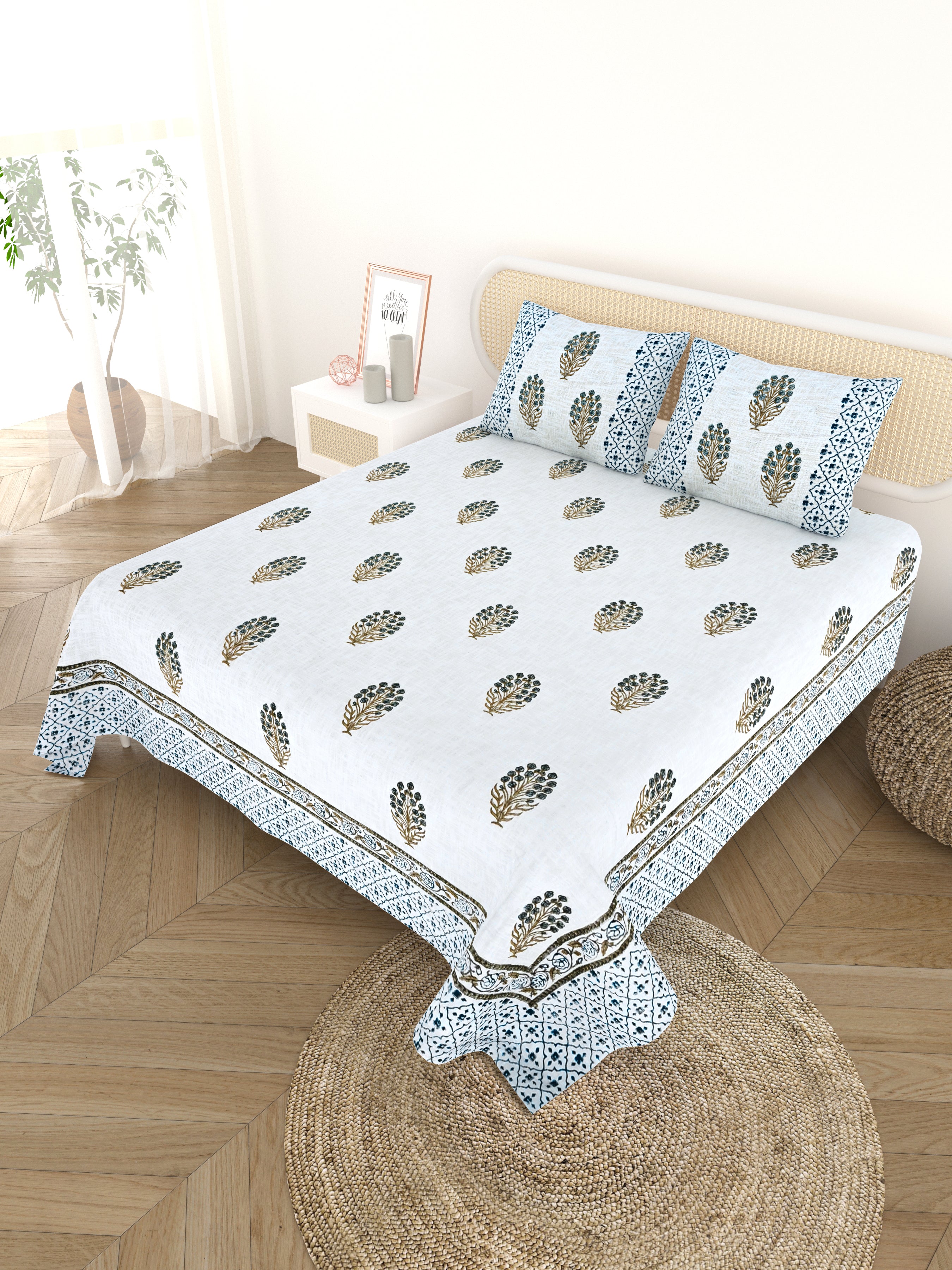 Handblock printed Jute Cotton Bedcover - Double King with 2 Pillow Covers