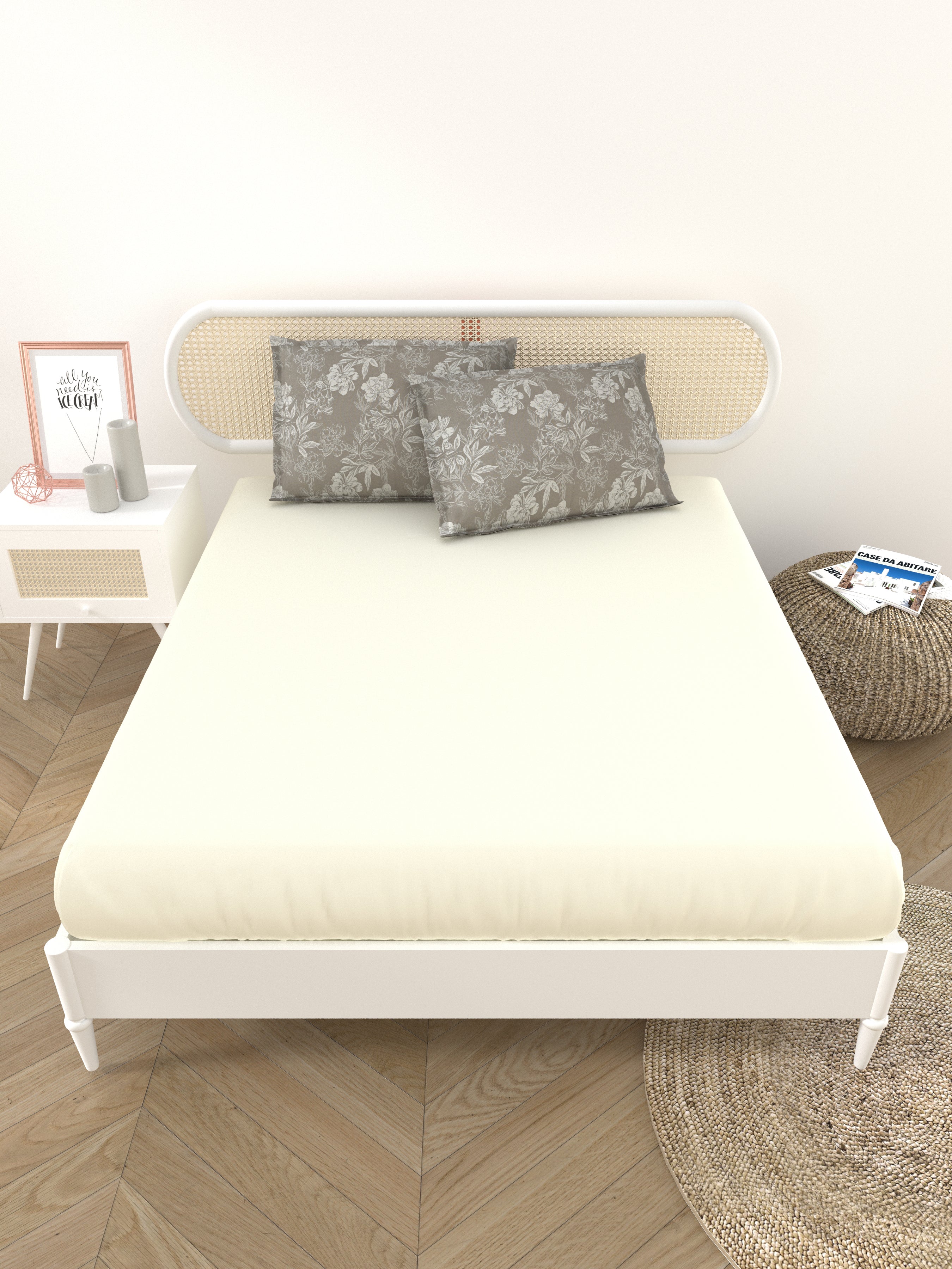 Premium Cotton Fitted Bedsheet (90x108 Inch) – Plain Design with 2 Printed Pillow Covers