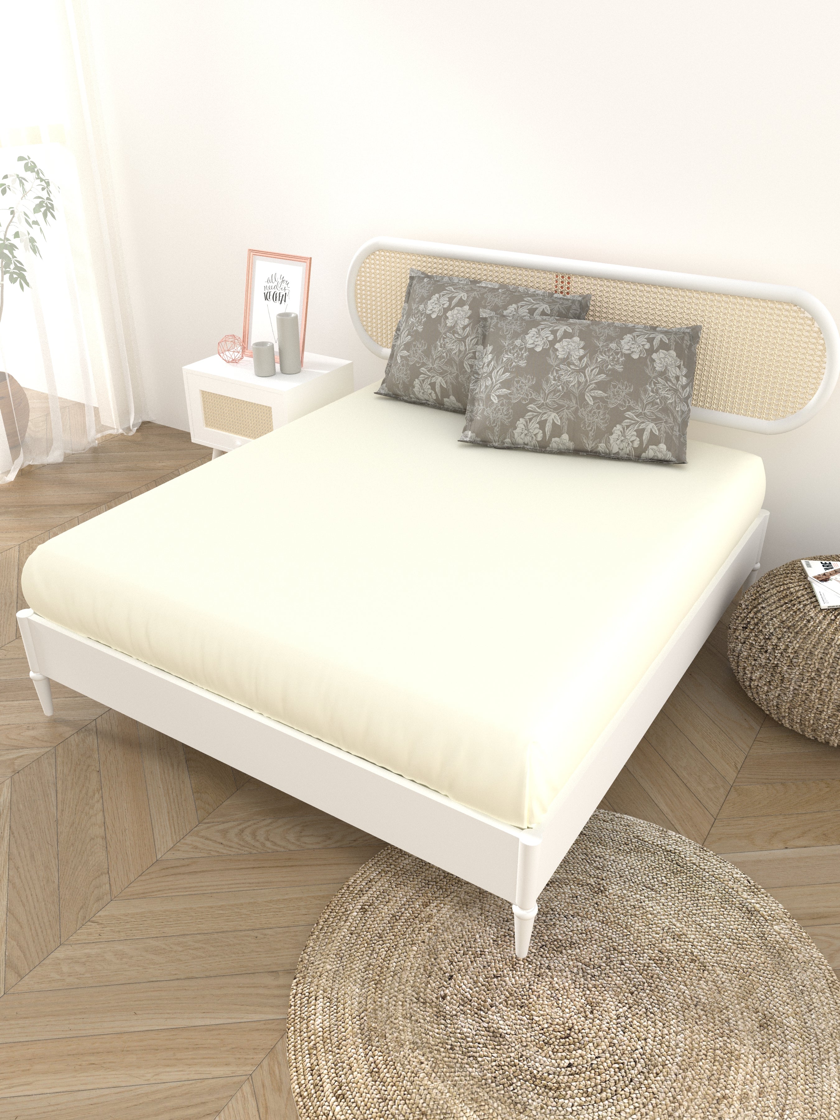 Premium Cotton Fitted Bedsheet (90x108 Inch) – Plain Design with 2 Printed Pillow Covers