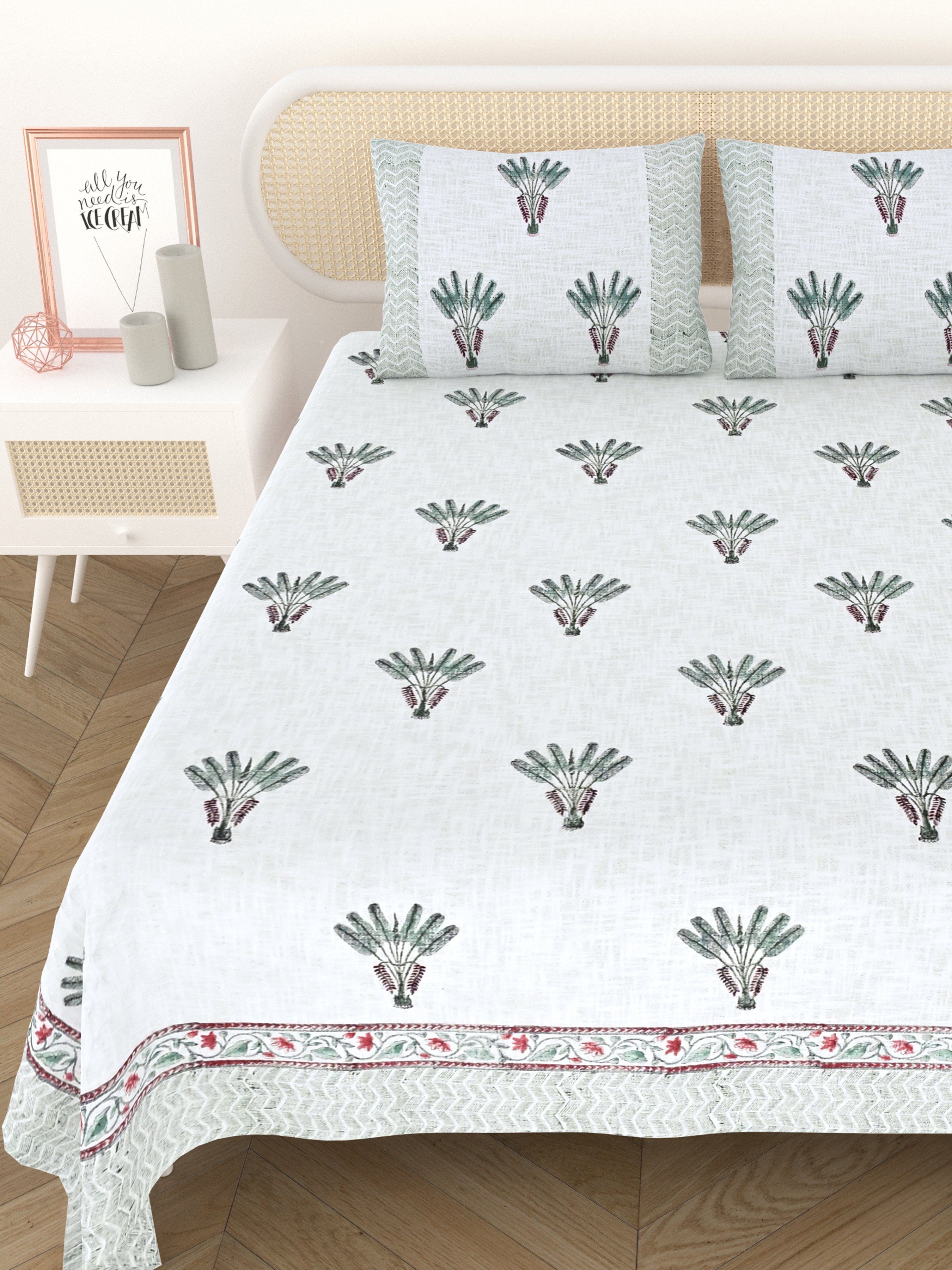 Handblock printed Jute Cotton Bedcover - Double King with 2 Pillow Covers