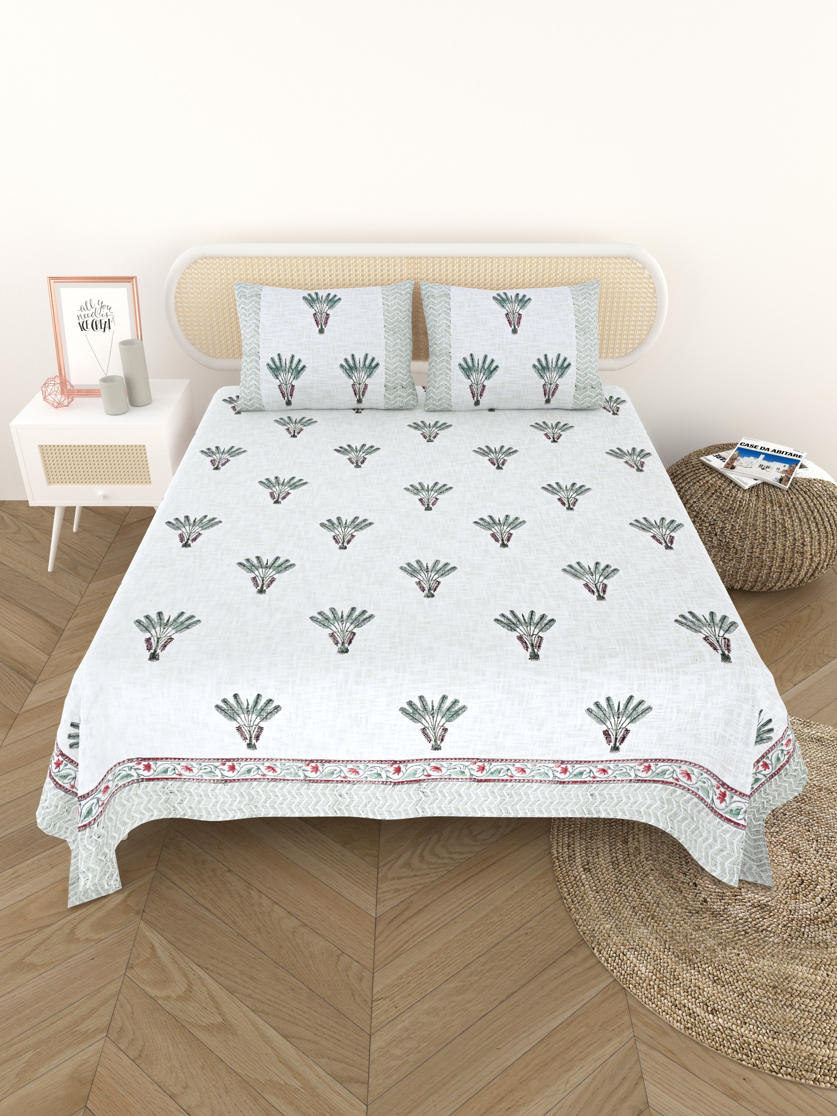 Handblock printed Jute Cotton Bedcover - Double King with 2 Pillow Covers