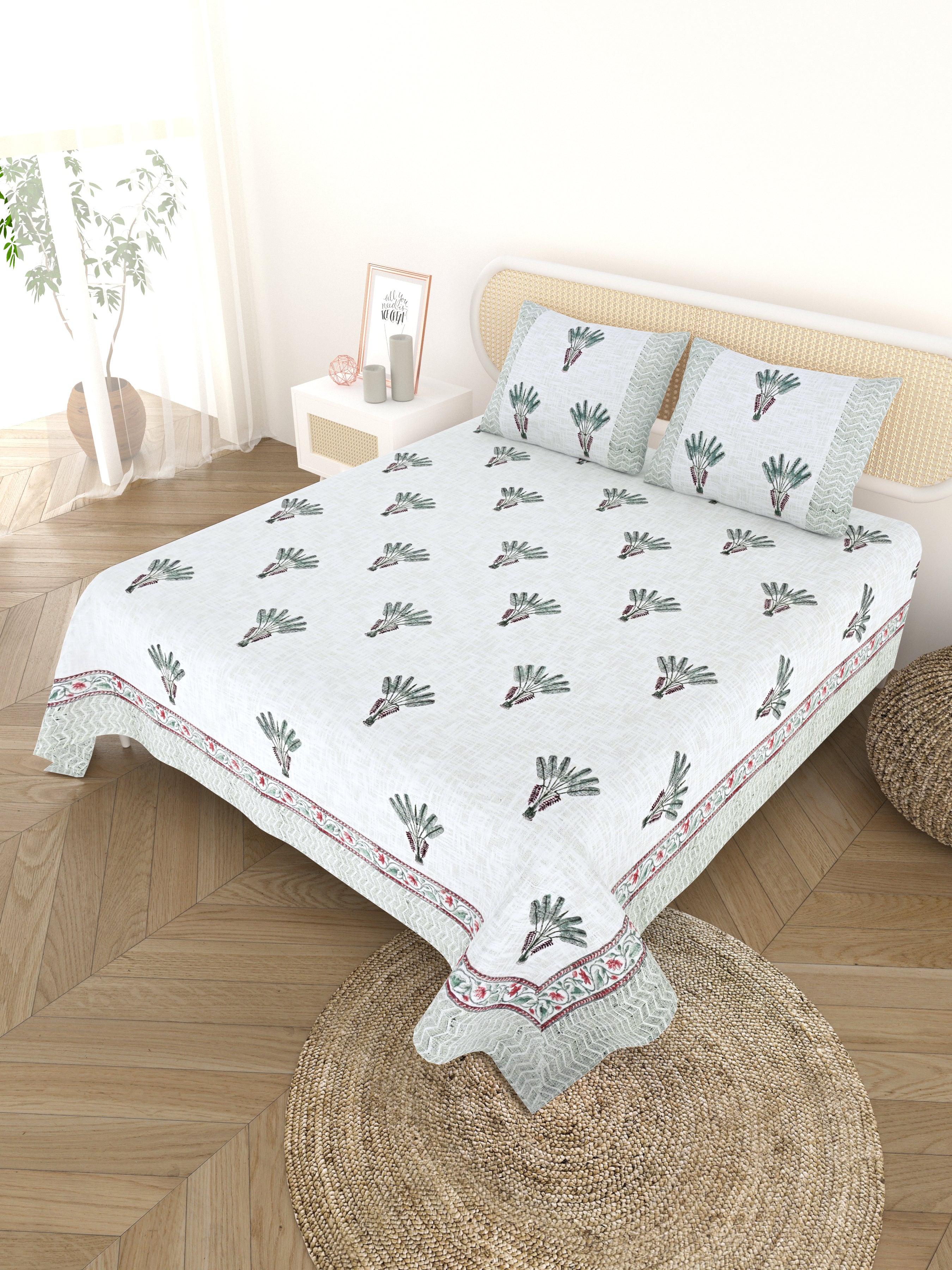 Handblock printed Jute Cotton Bedcover - Double King with 2 Pillow Covers