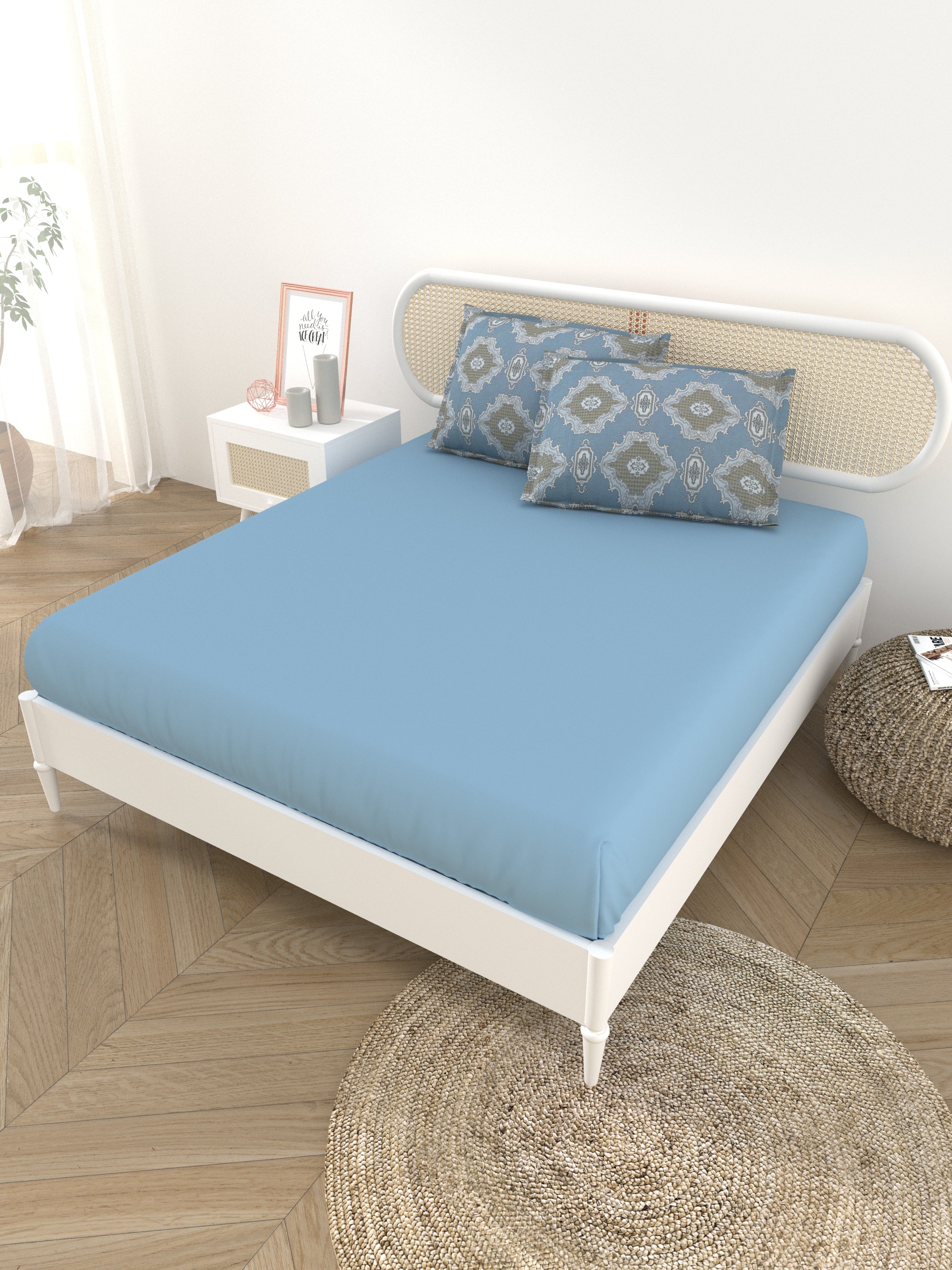 Premium Cotton Fitted Bedsheet (90x108 Inch) – Plain Design with 2 Printed Pillow Covers