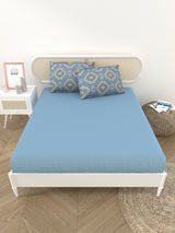Premium Cotton Fitted Bedsheet (90x108 Inch) – Plain Design with 2 Printed Pillow Covers
