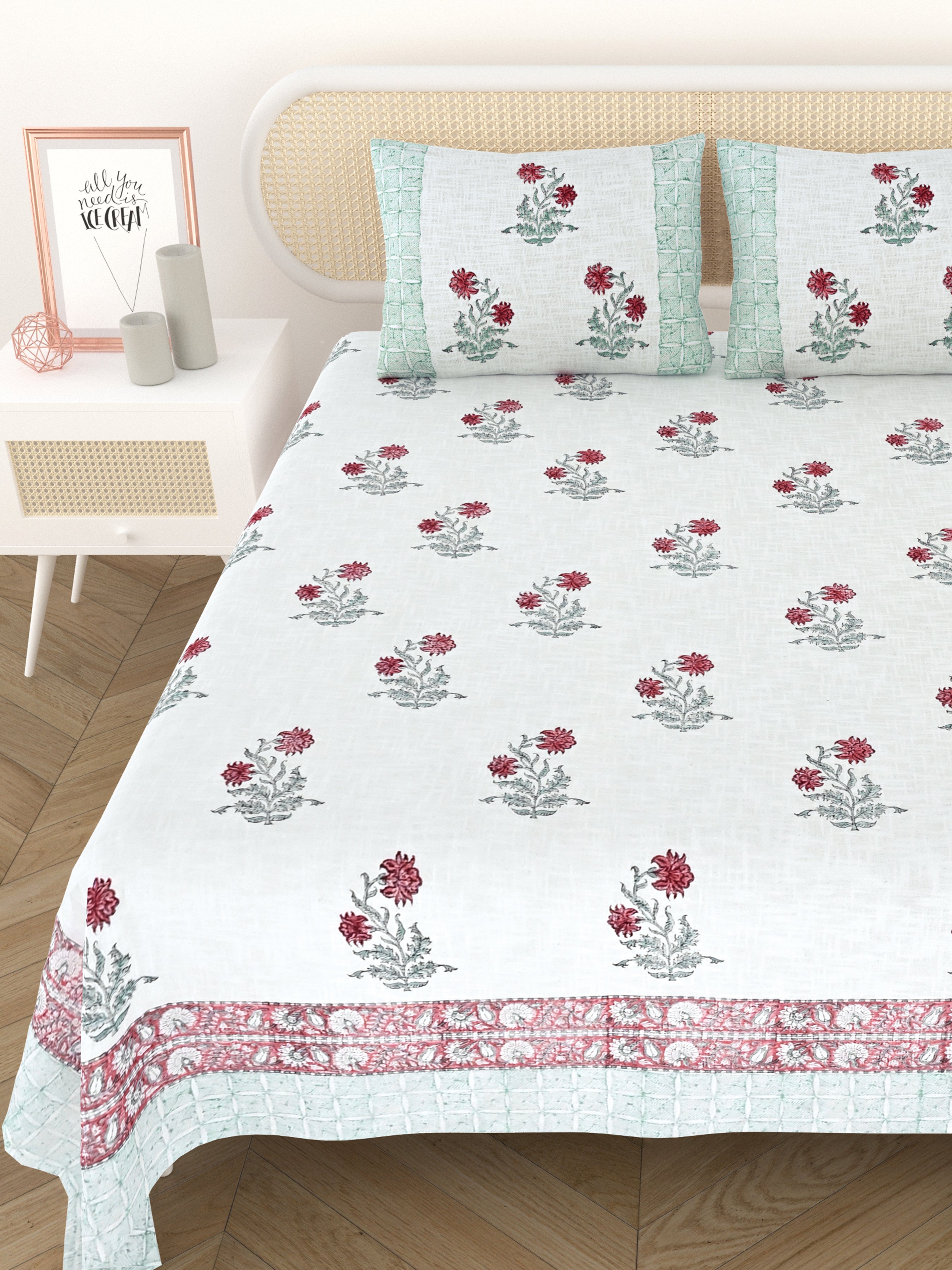Handblock printed Jute Cotton Bedcover - Double King with 2 Pillow Covers