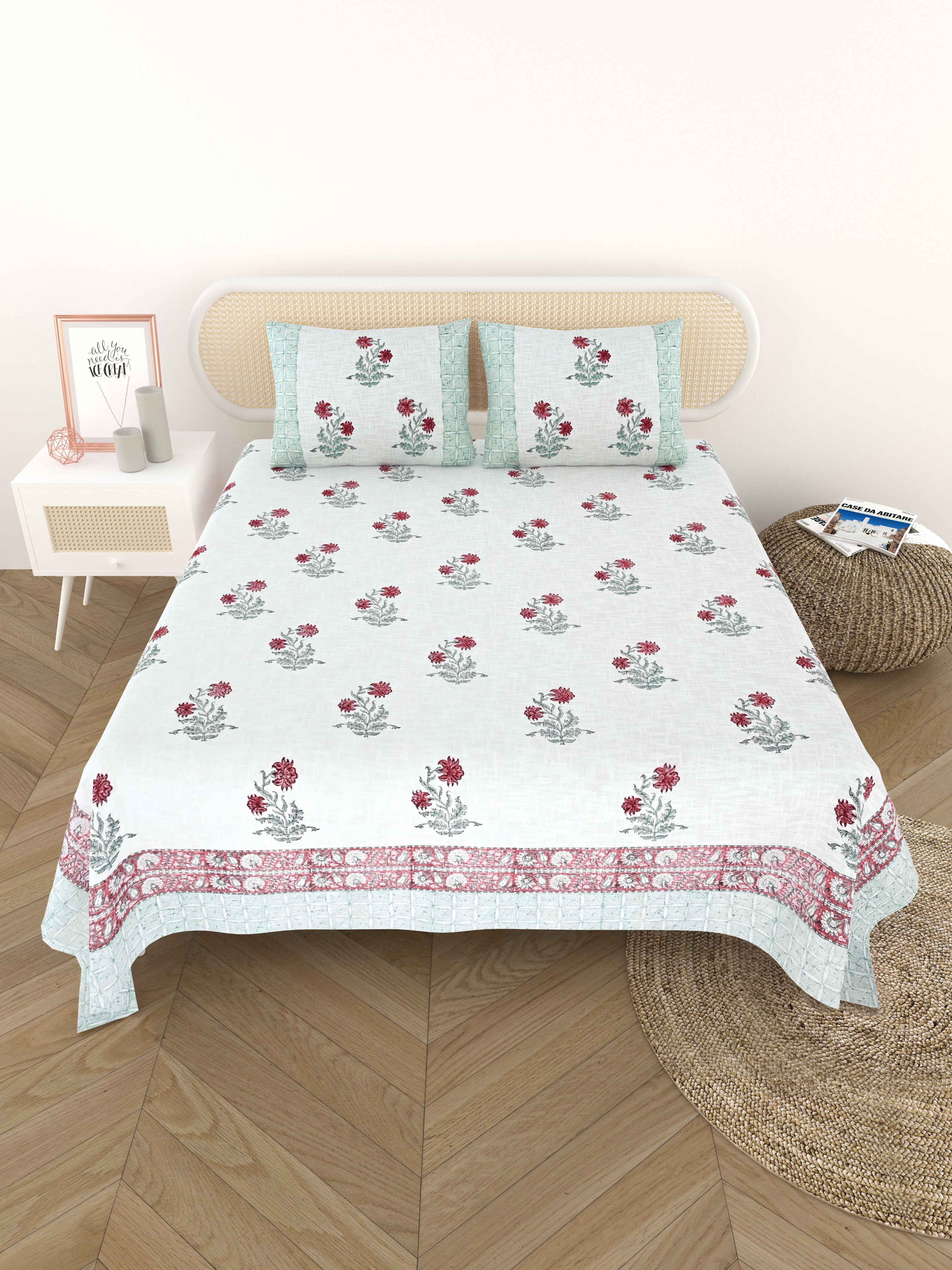 Handblock printed Jute Cotton Bedcover - Double King with 2 Pillow Covers