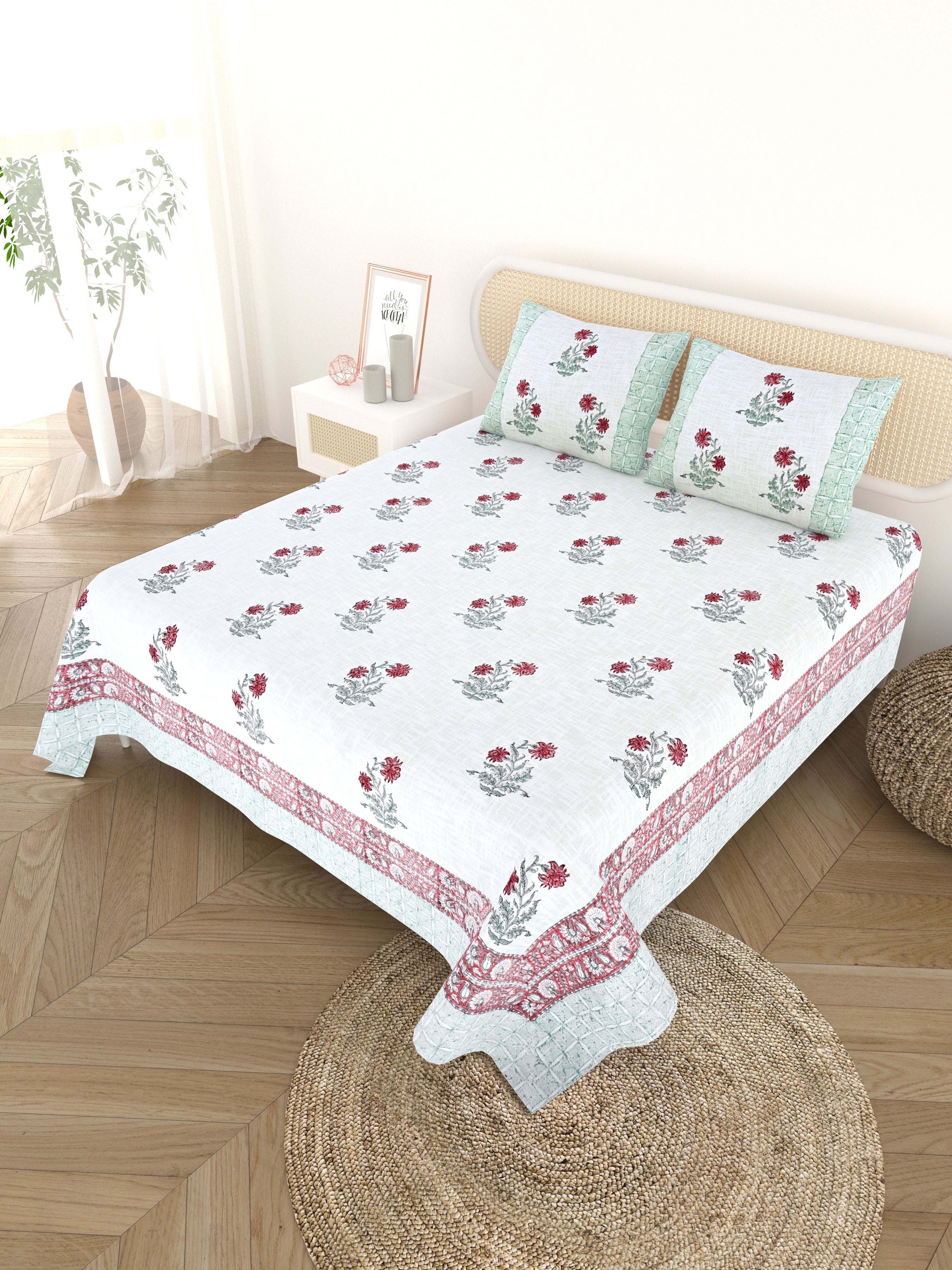 Handblock printed Jute Cotton Bedcover - Double King with 2 Pillow Covers