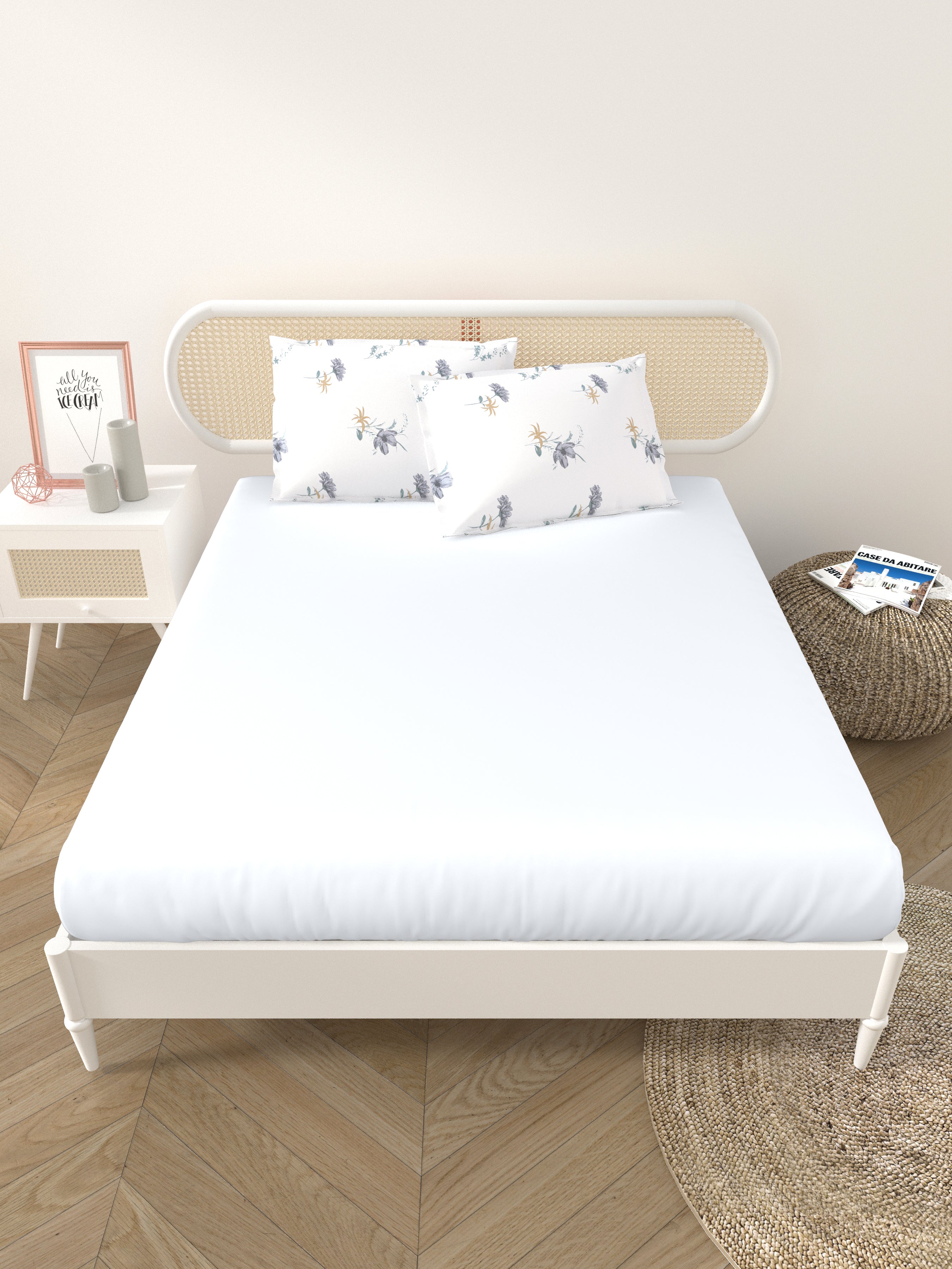Premium Cotton Fitted Bedsheet (90x108 Inch) – Plain Design with 2 Printed Pillow Covers
