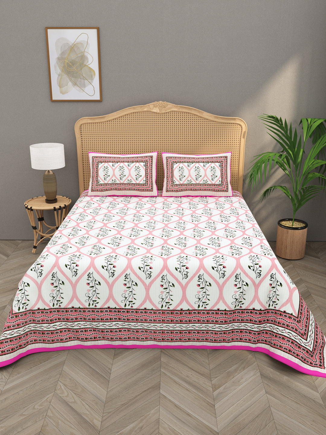 Quilted Floral Printed Reversible Bedcover with 2 Pillow Covers