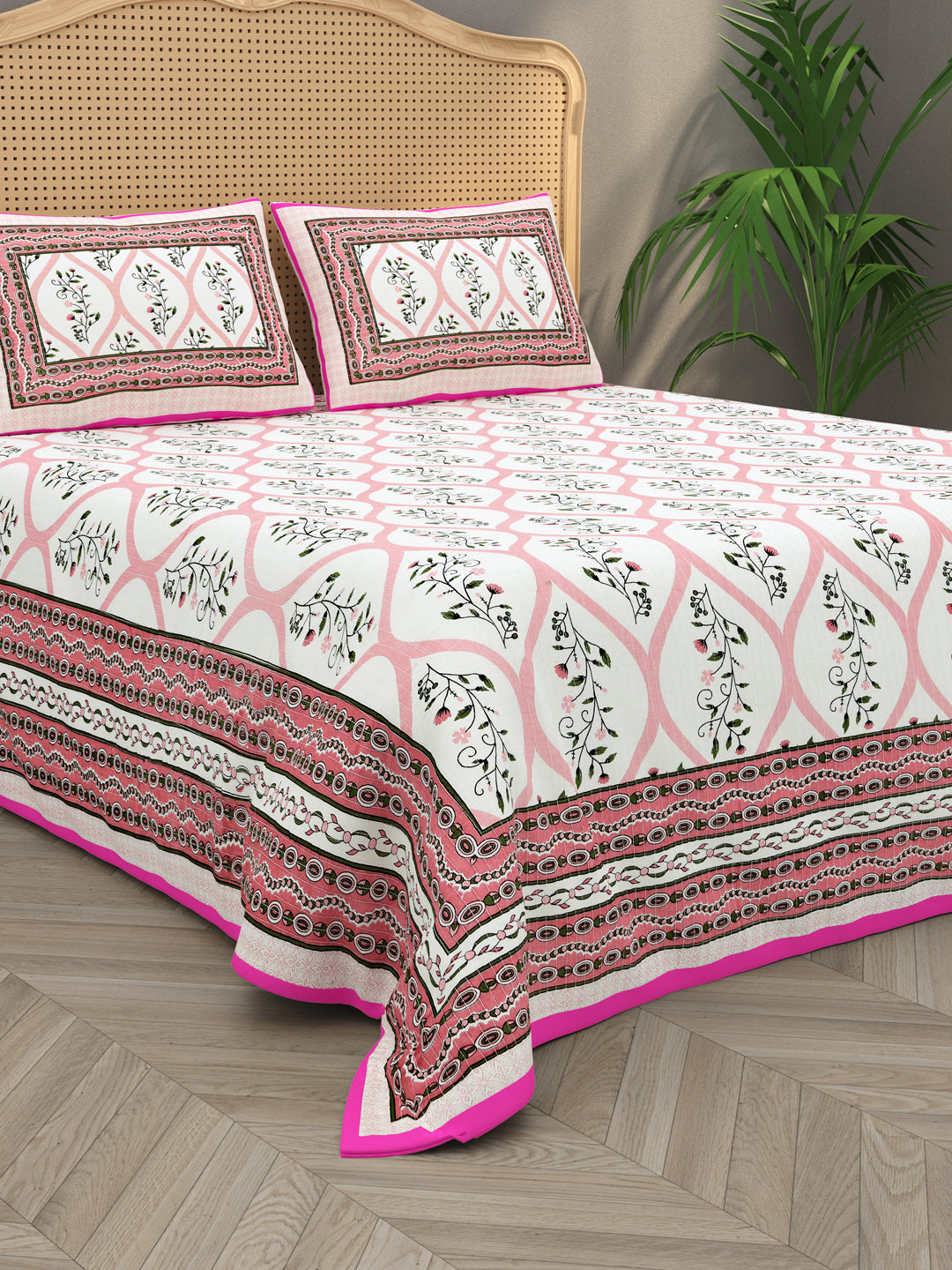 Quilted Floral Printed Reversible Bedcover with 2 Pillow Covers