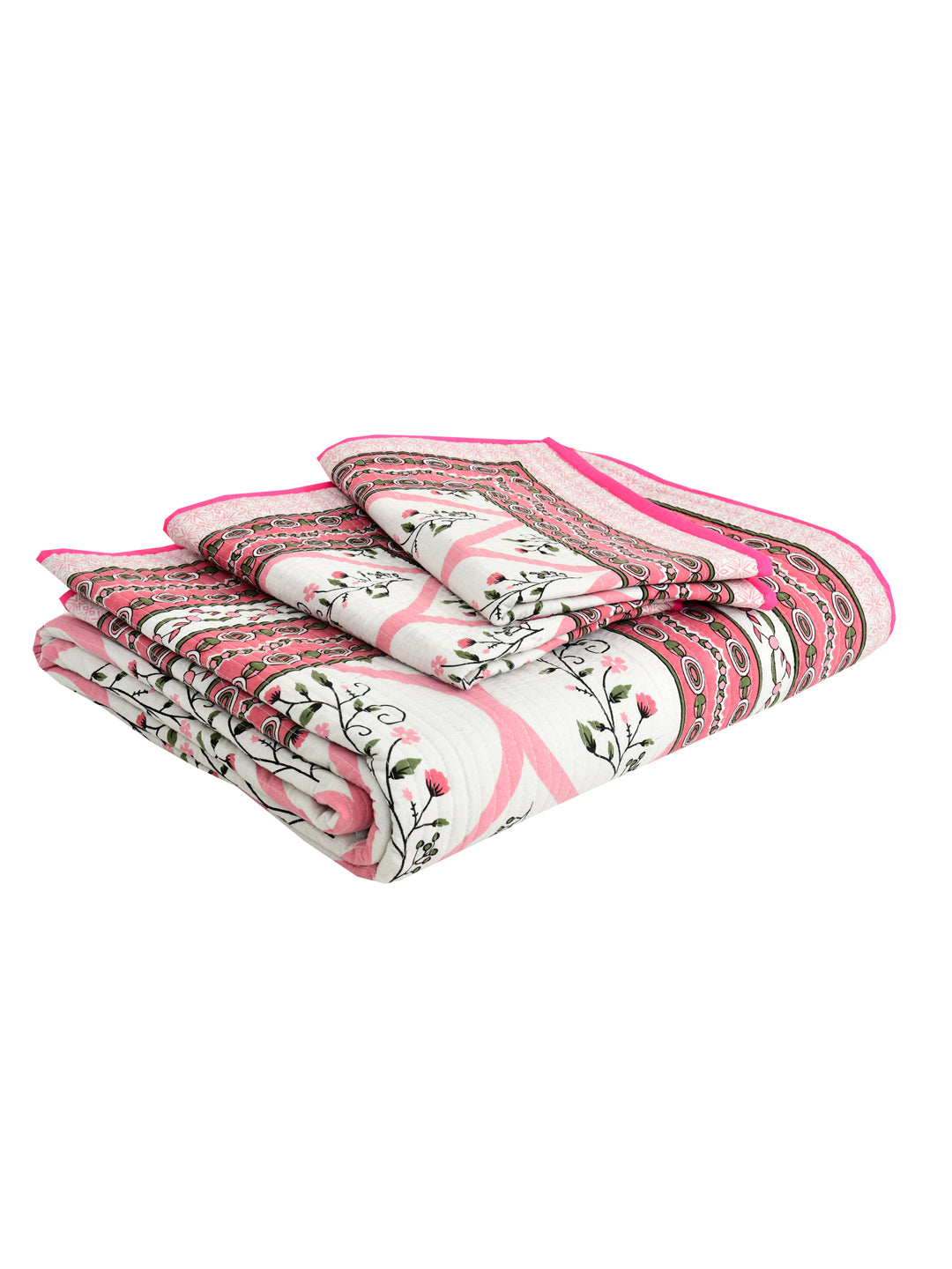 Quilted Floral Printed Reversible Bedcover with 2 Pillow Covers