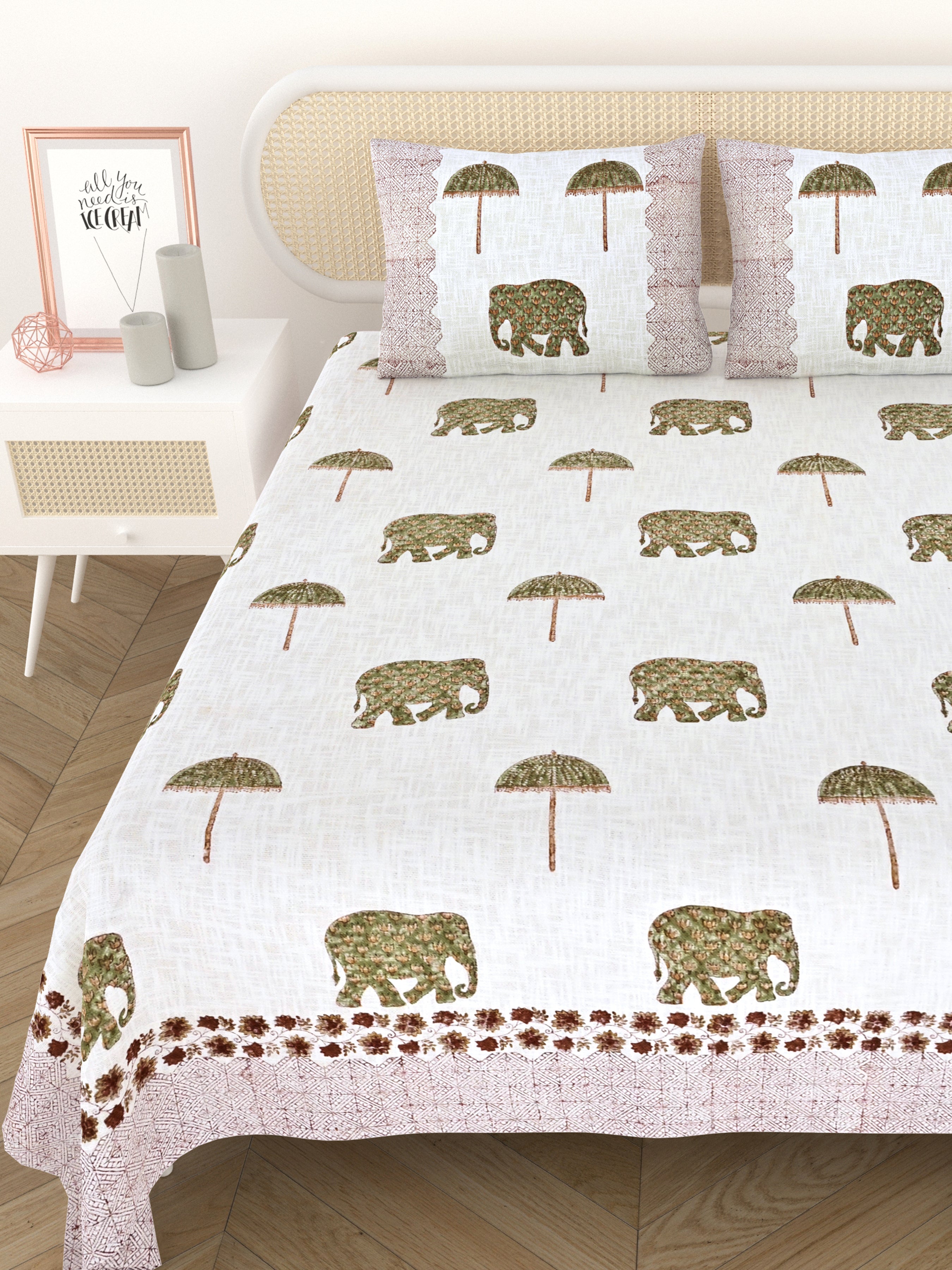 Handblock printed Jute Cotton Bedcover - Double King with 2 Pillow Covers