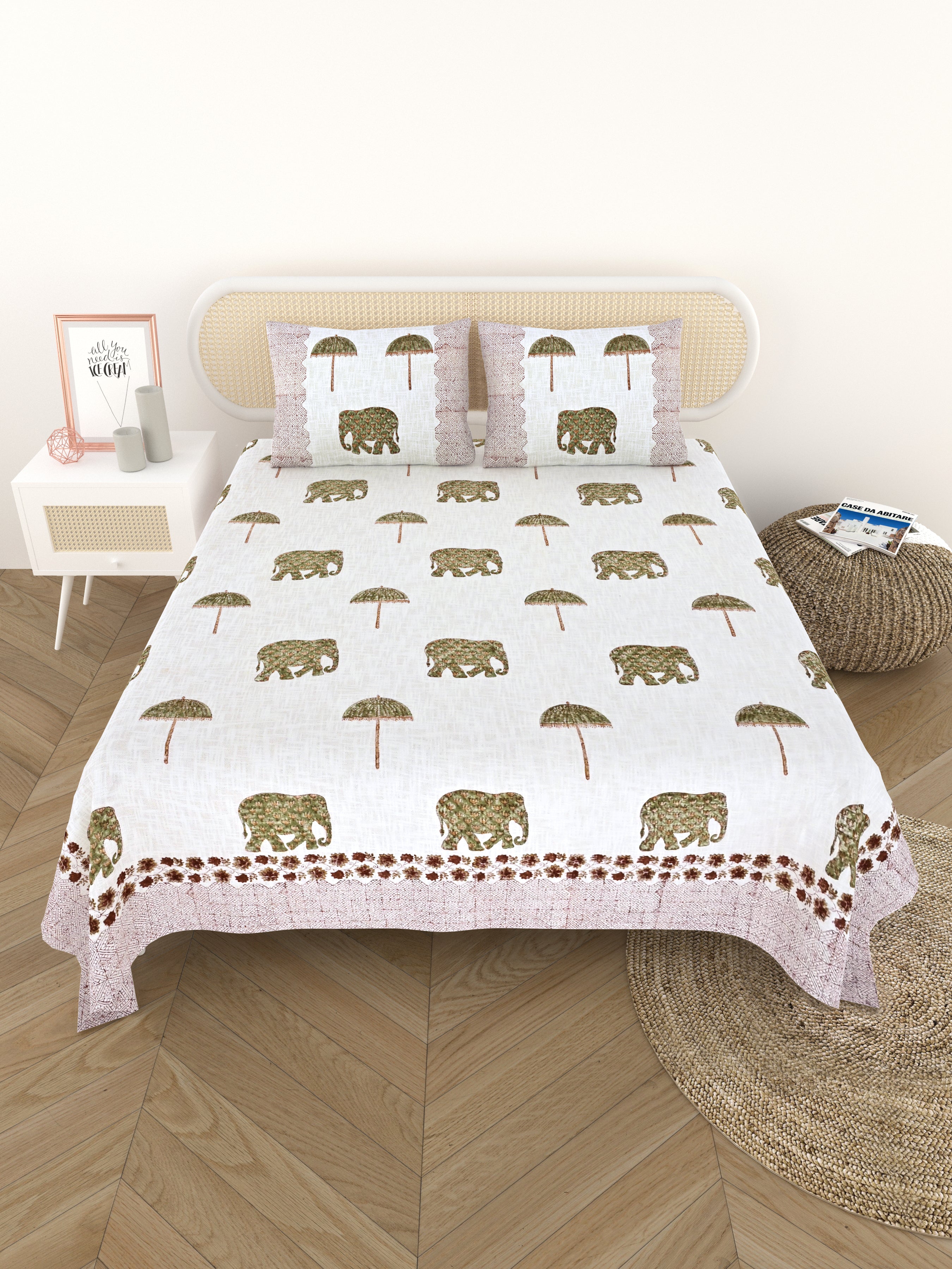 Handblock printed Jute Cotton Bedcover - Double King with 2 Pillow Covers