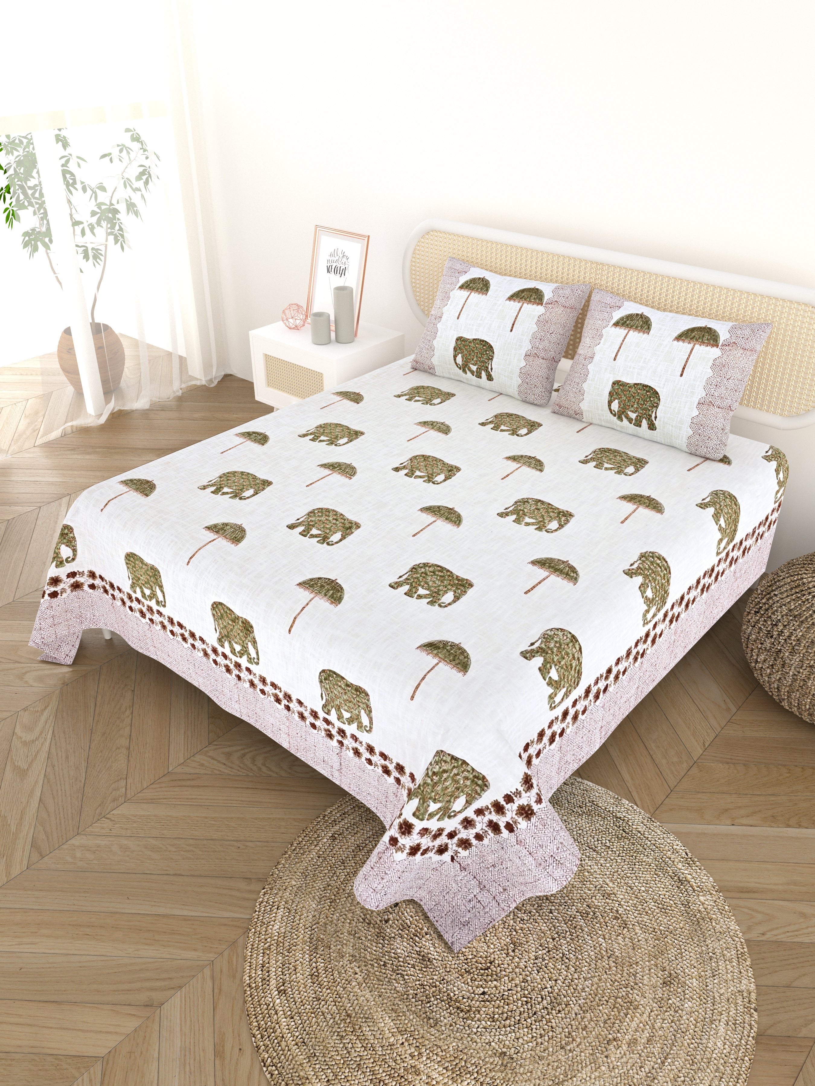 Handblock printed Jute Cotton Bedcover - Double King with 2 Pillow Covers