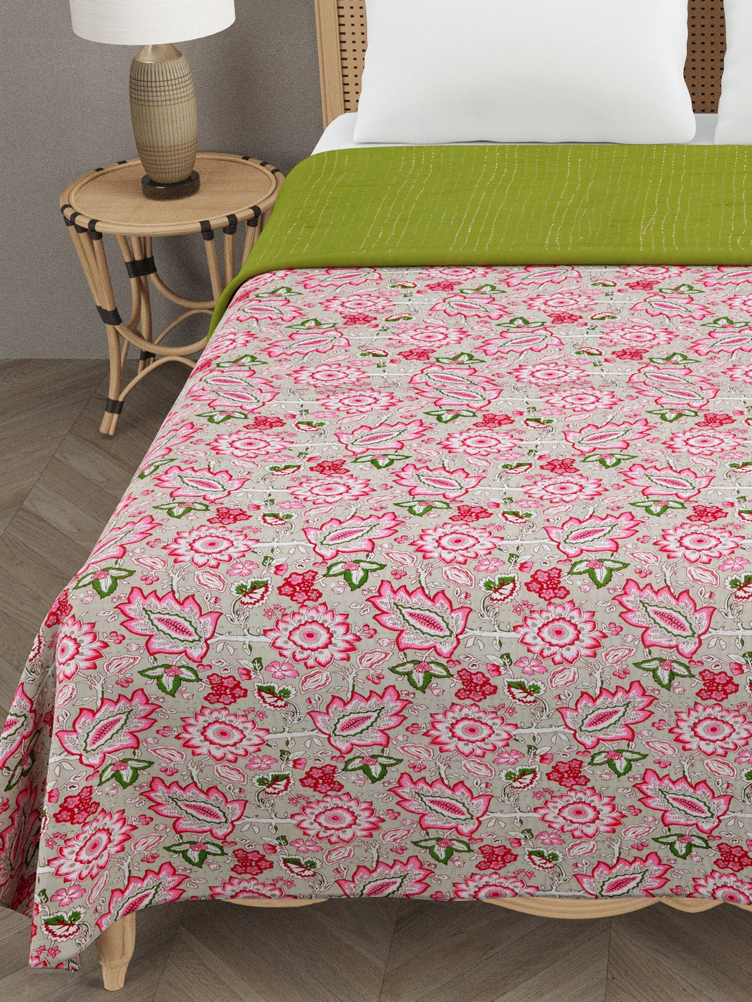 Handblock printed Kantha Bedcover