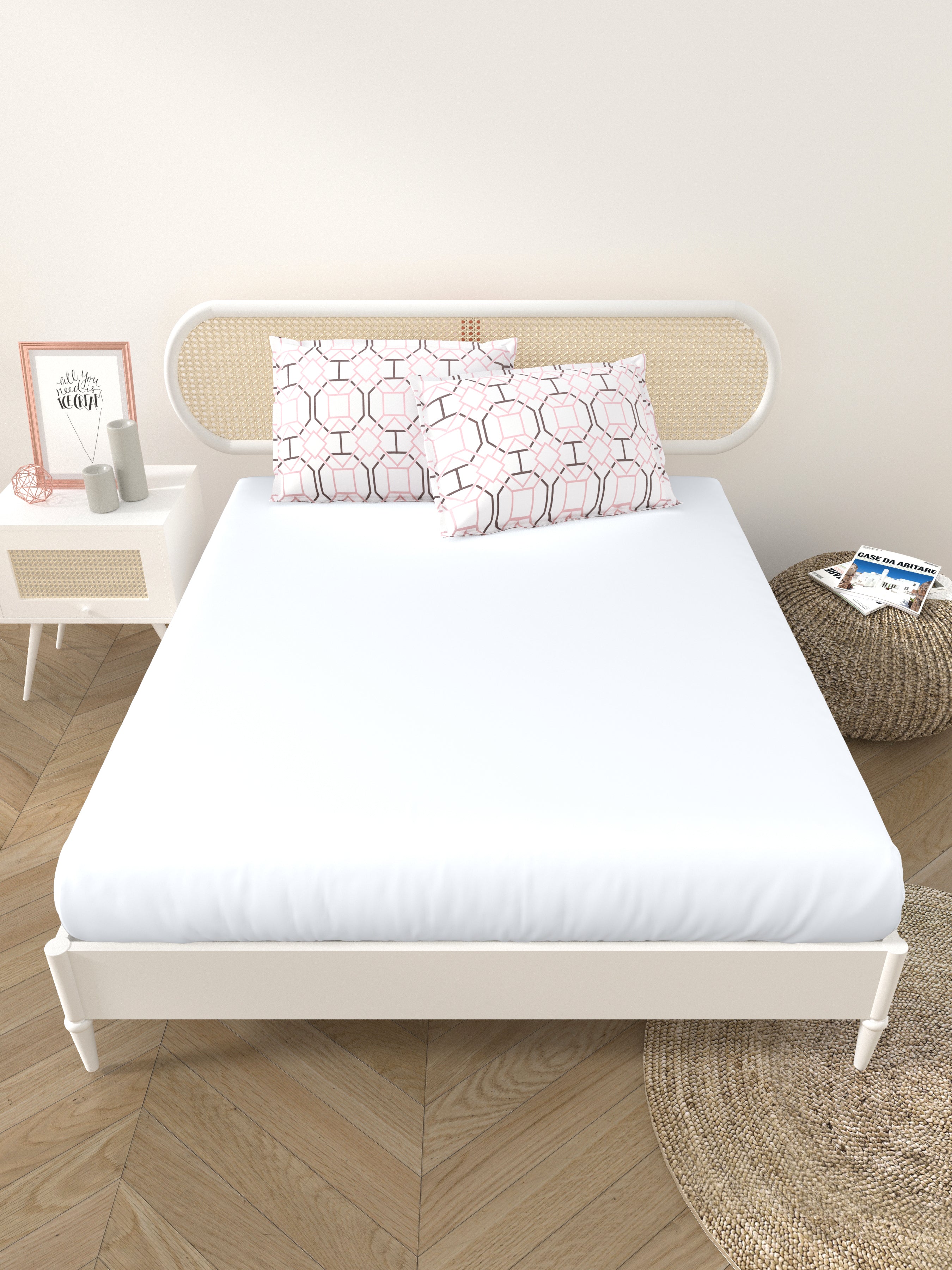 Premium Cotton Fitted Bedsheet (90x108 Inch) – Plain Design with 2 Printed Pillow Covers