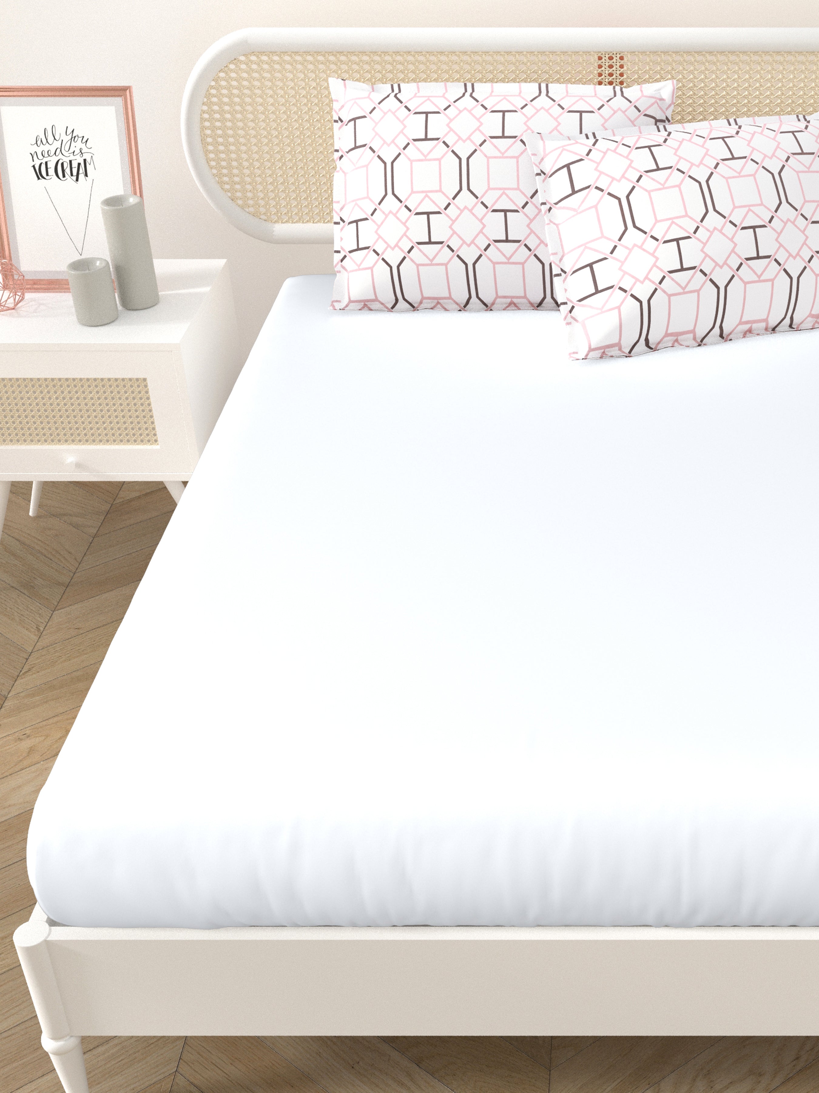 Premium Cotton Fitted Bedsheet (90x108 Inch) – Plain Design with 2 Printed Pillow Covers