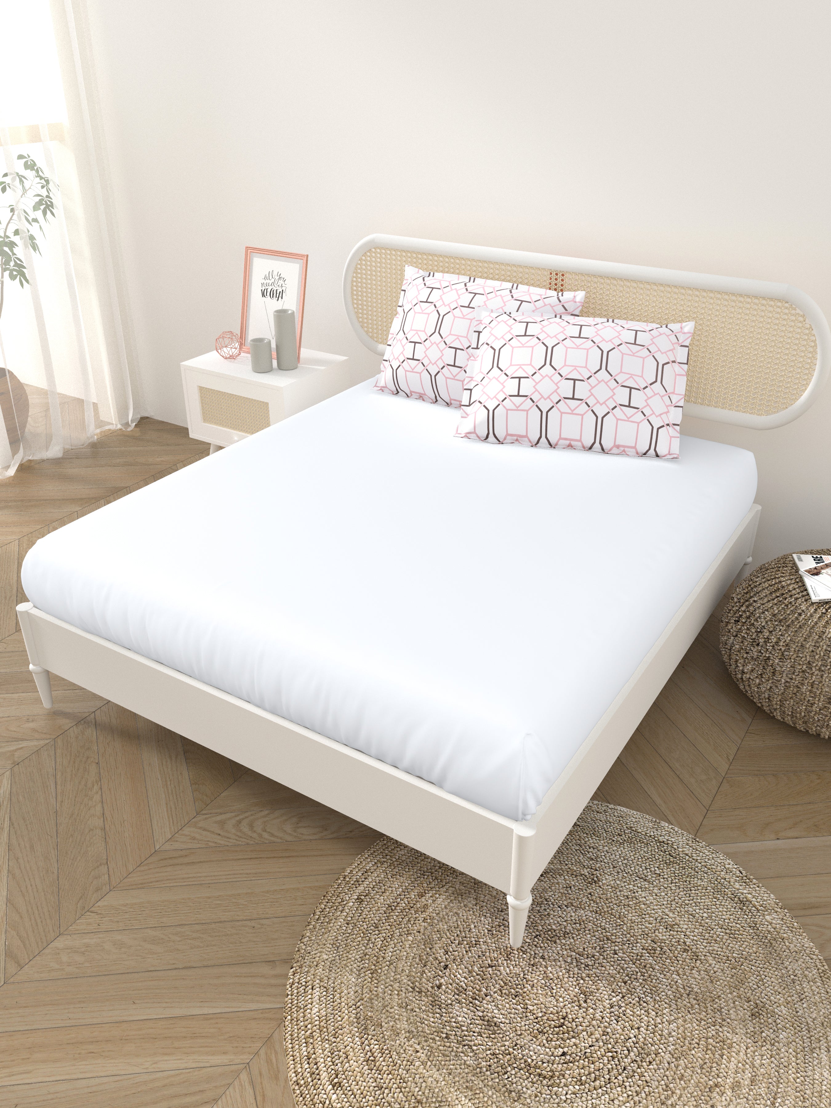 Premium Cotton Fitted Bedsheet (90x108 Inch) – Plain Design with 2 Printed Pillow Covers