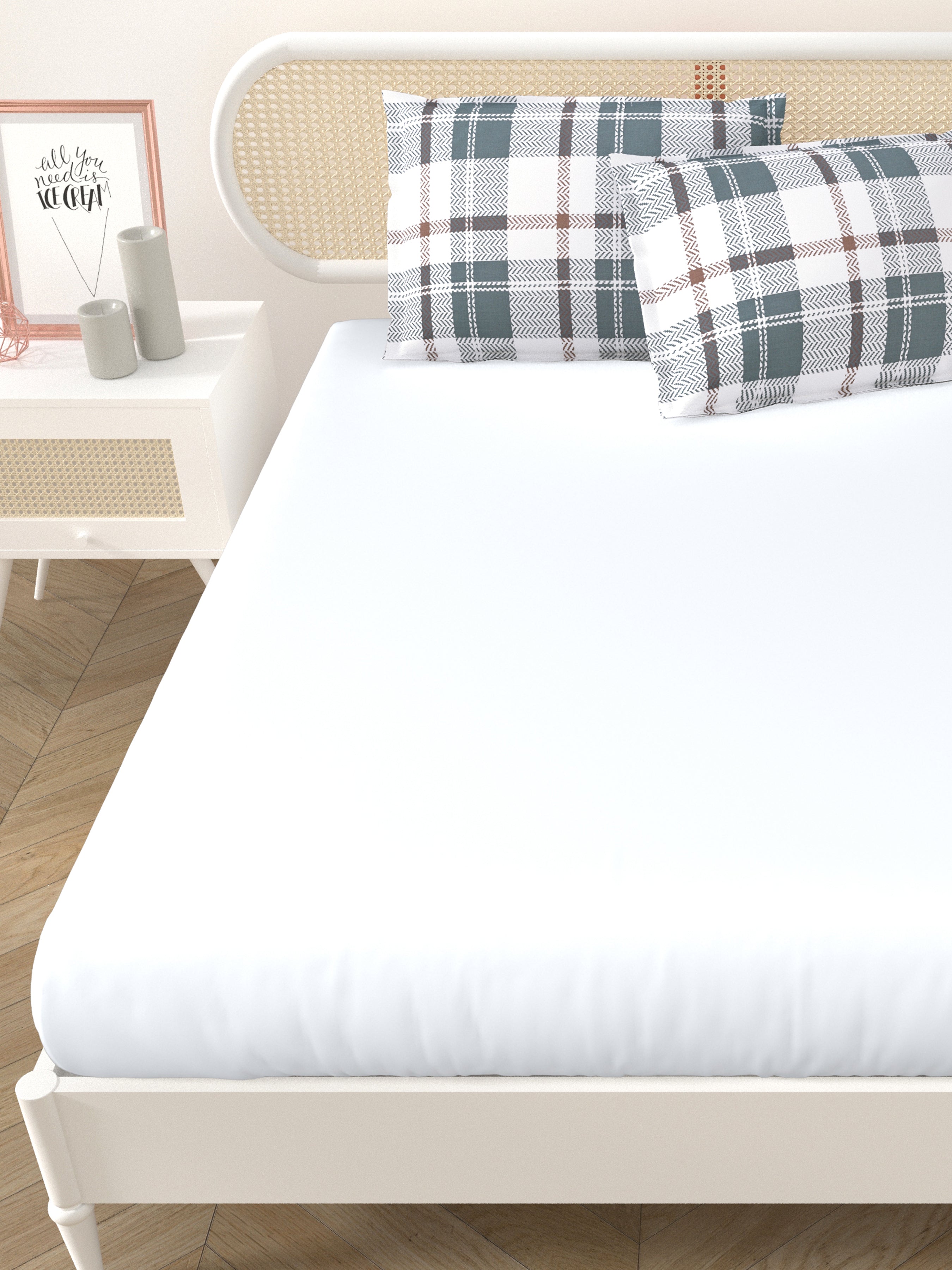 Premium Cotton Fitted Bedsheet (90x108 Inch) – Plain Design with 2 Printed Pillow Covers