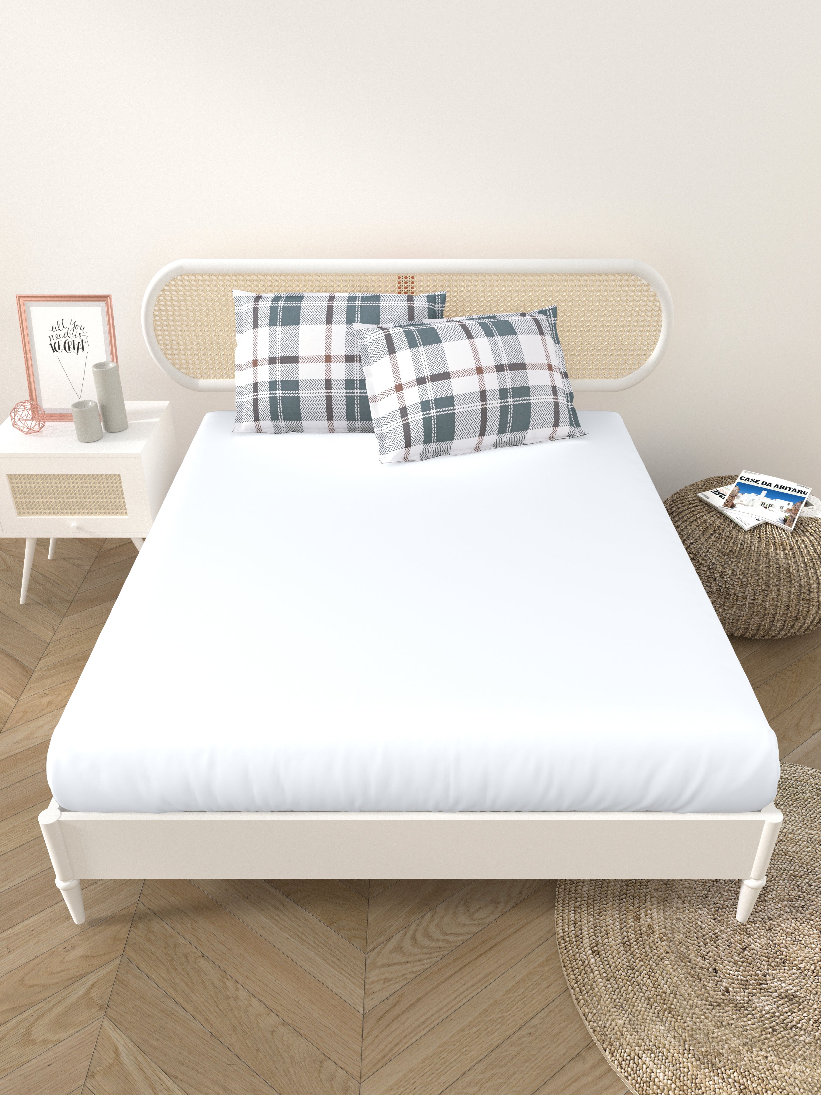 Premium Cotton Fitted Bedsheet (90x108 Inch) – Plain Design with 2 Printed Pillow Covers