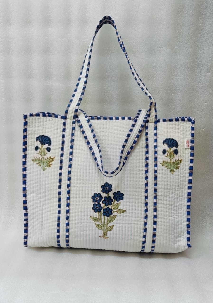 Classic White Block Printed Quilted Tote Bag without zip/button 17x18x 6 inches