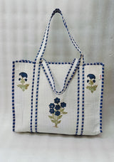 Classic White Block Printed Quilted Tote Bag without zip/button 17x18x 6 inches