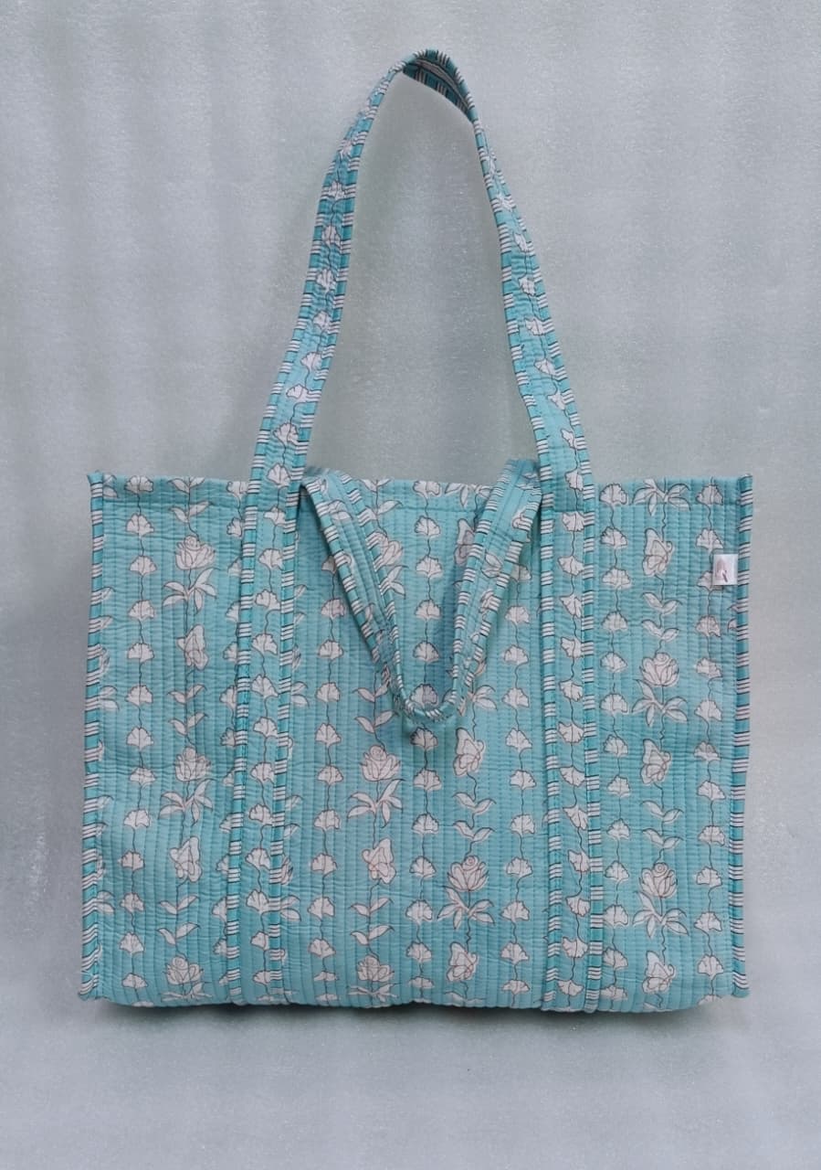 Handblock Printed Quilted Tote Bag without zip/button 17x18x 6 inches