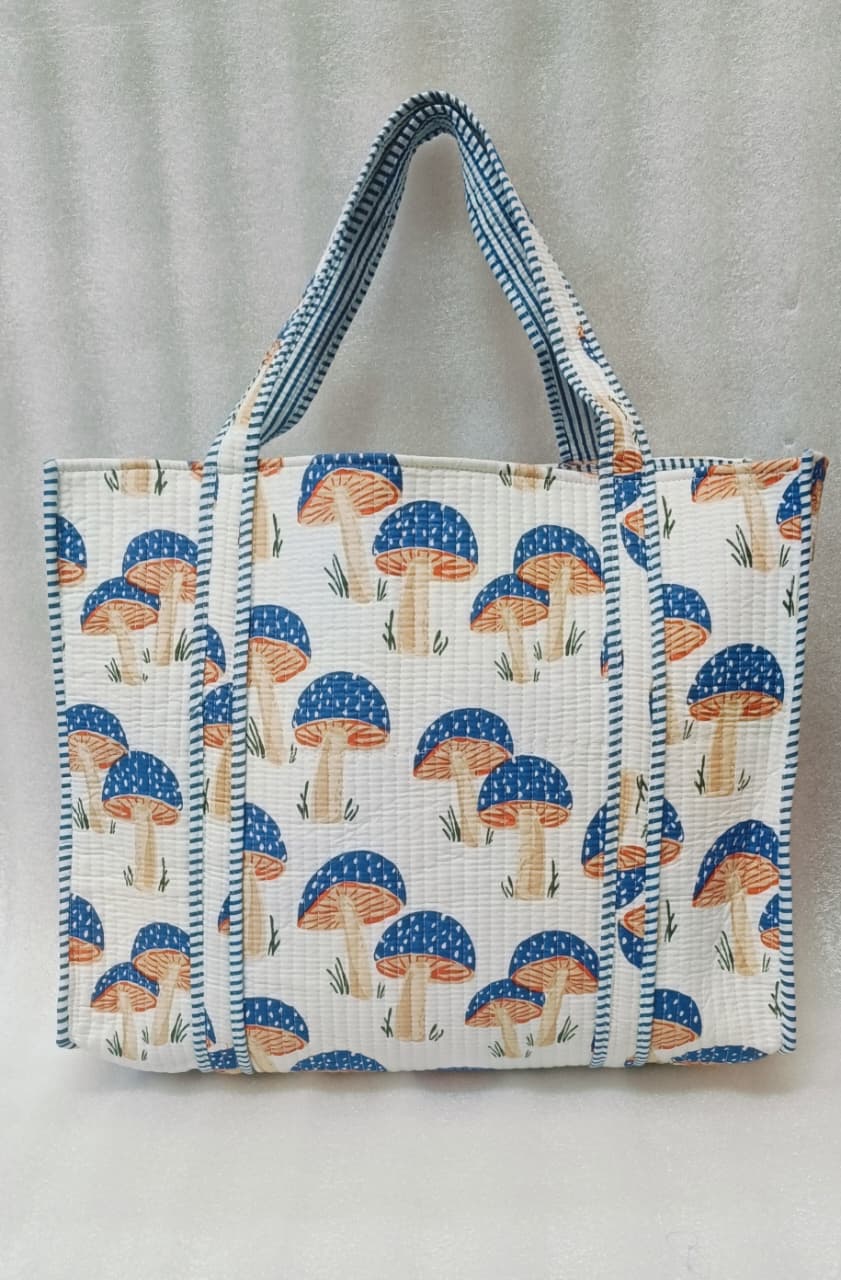 Handblock Printed Quilted Tote Bag without zip/button 17x18x 6 inches