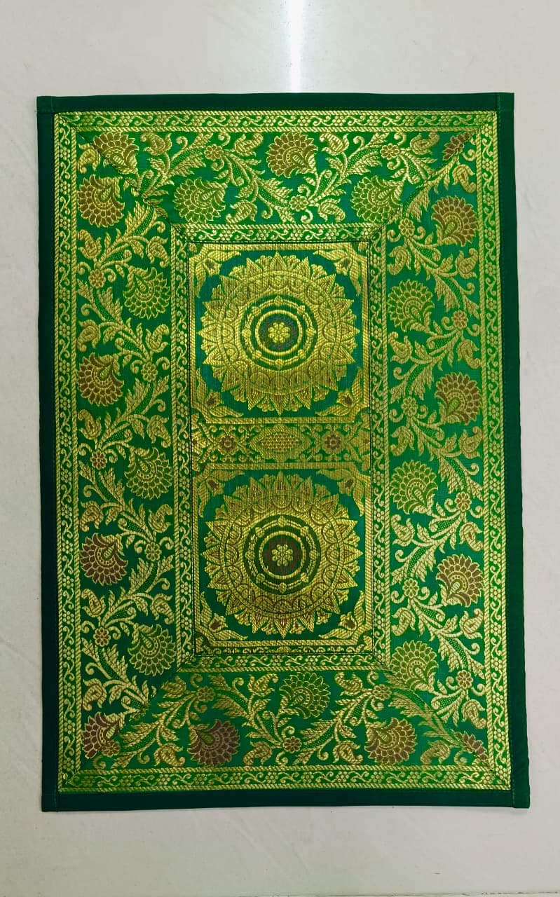 Diwali Gift Box with Banarasi Zari Table Runner, Set Of 6 Mats, 6 coaster, 6 inch Metal Urli